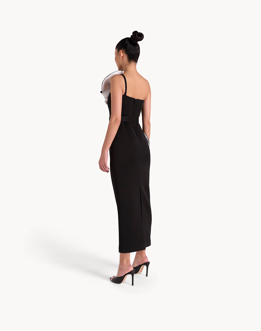 Floral Appliqué Pencil Belted Midi Dress