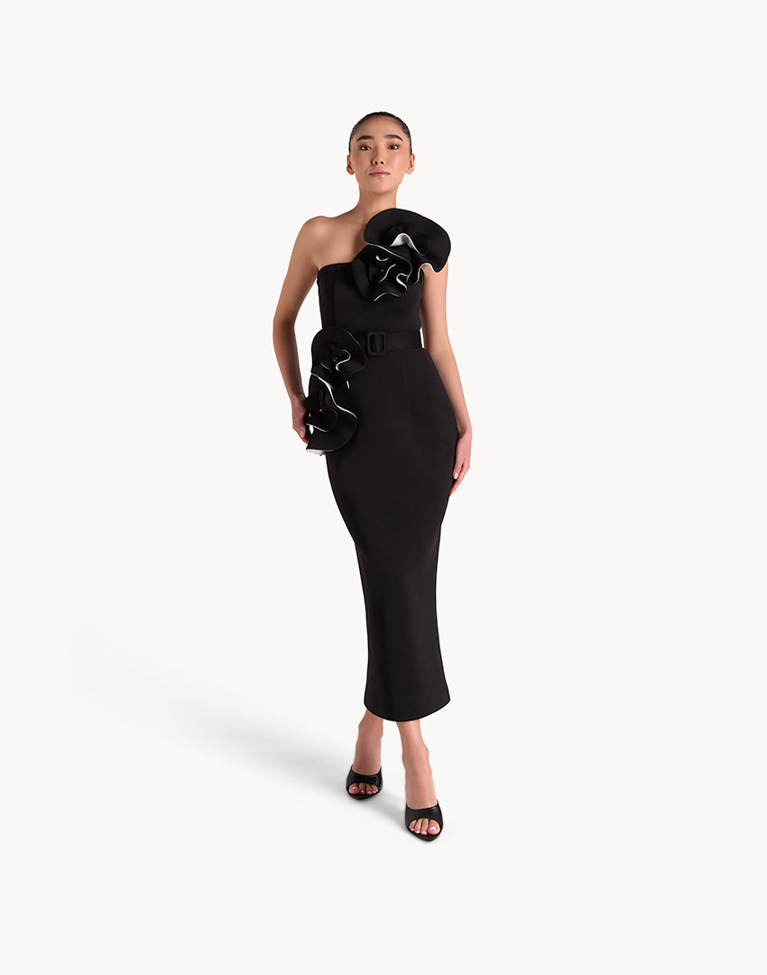 Floral Appliqué Belted Pencil Midi Dress- Black