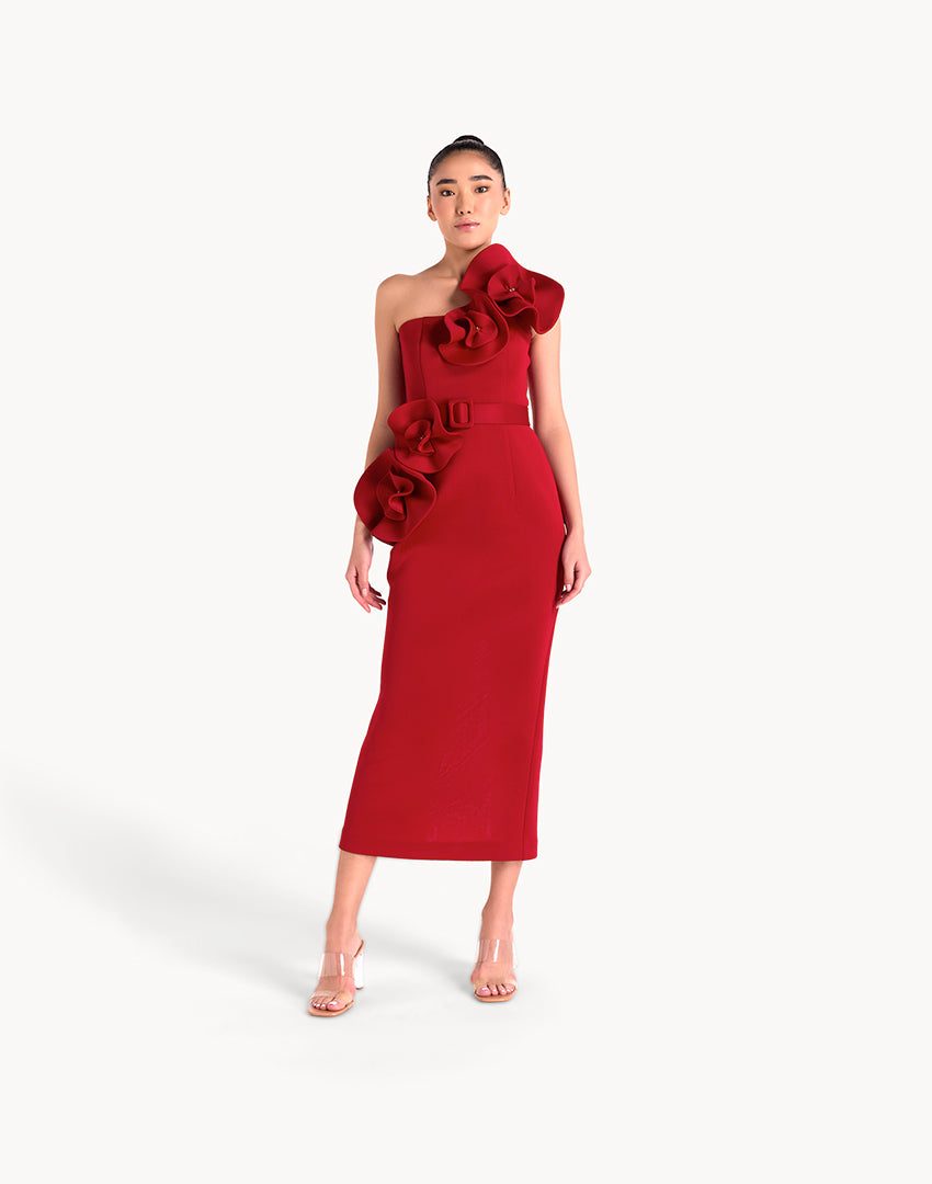 Floral Appliqué Pencil Belted Midi Dress
