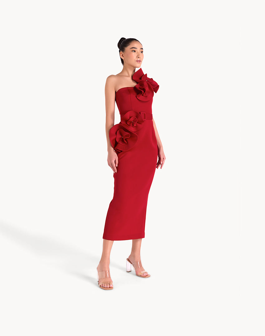 Floral Appliqué Pencil Belted Midi Dress