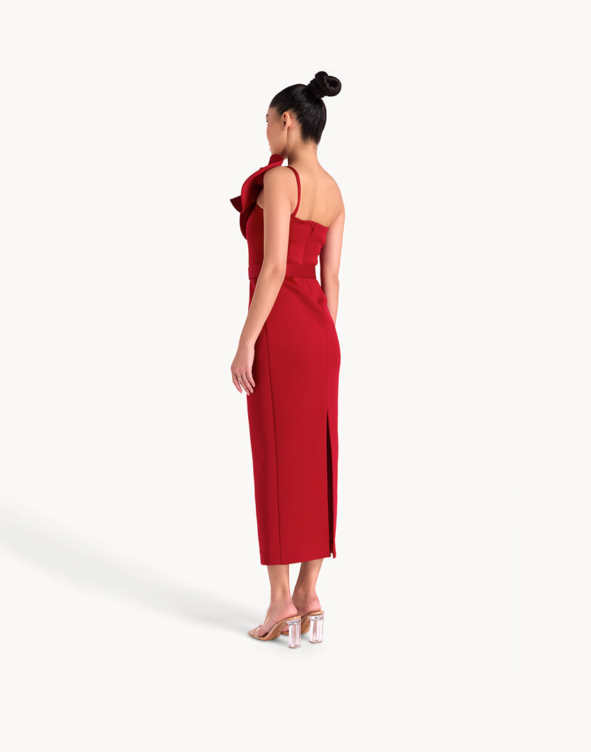 Floral Appliqué Pencil Belted Midi Dress