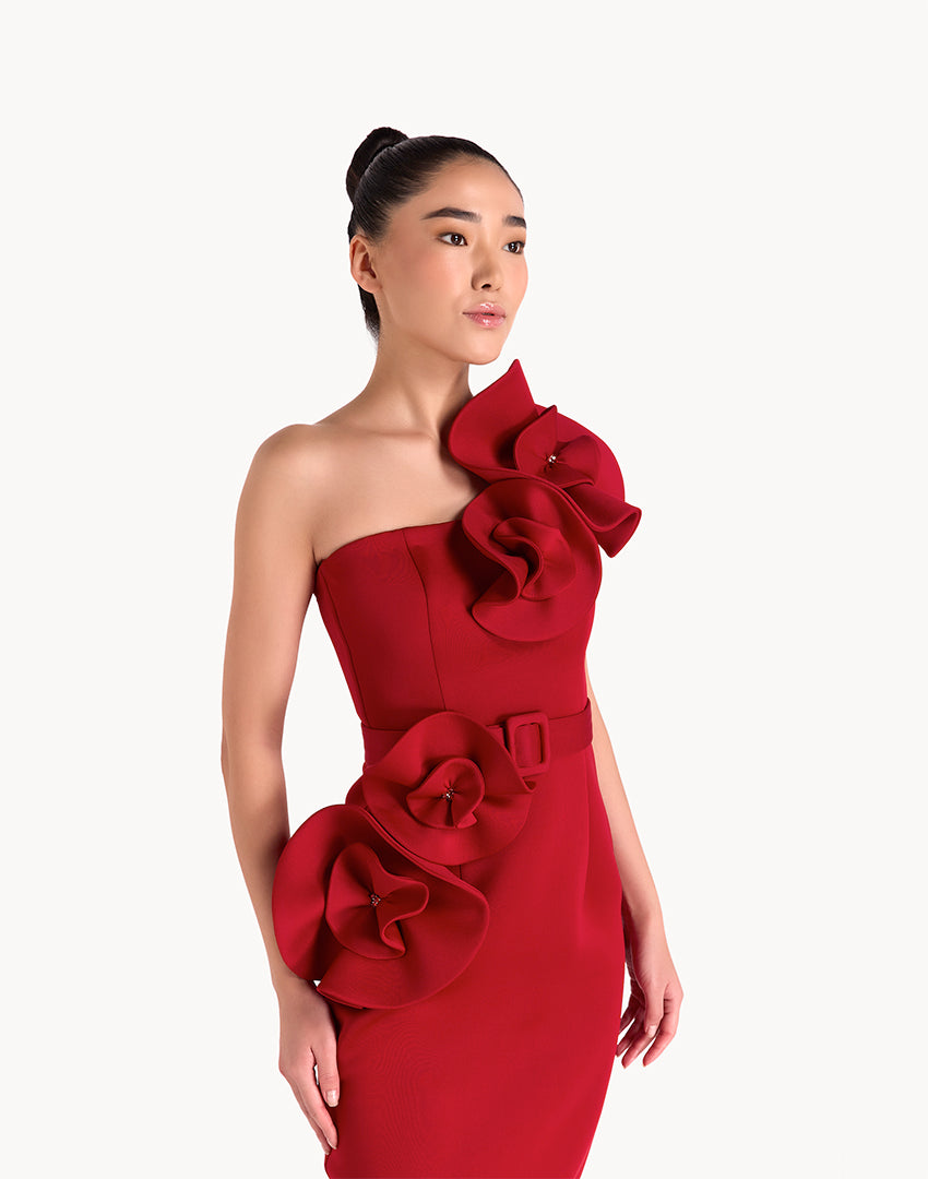 Floral Appliqué Pencil Belted Midi Dress