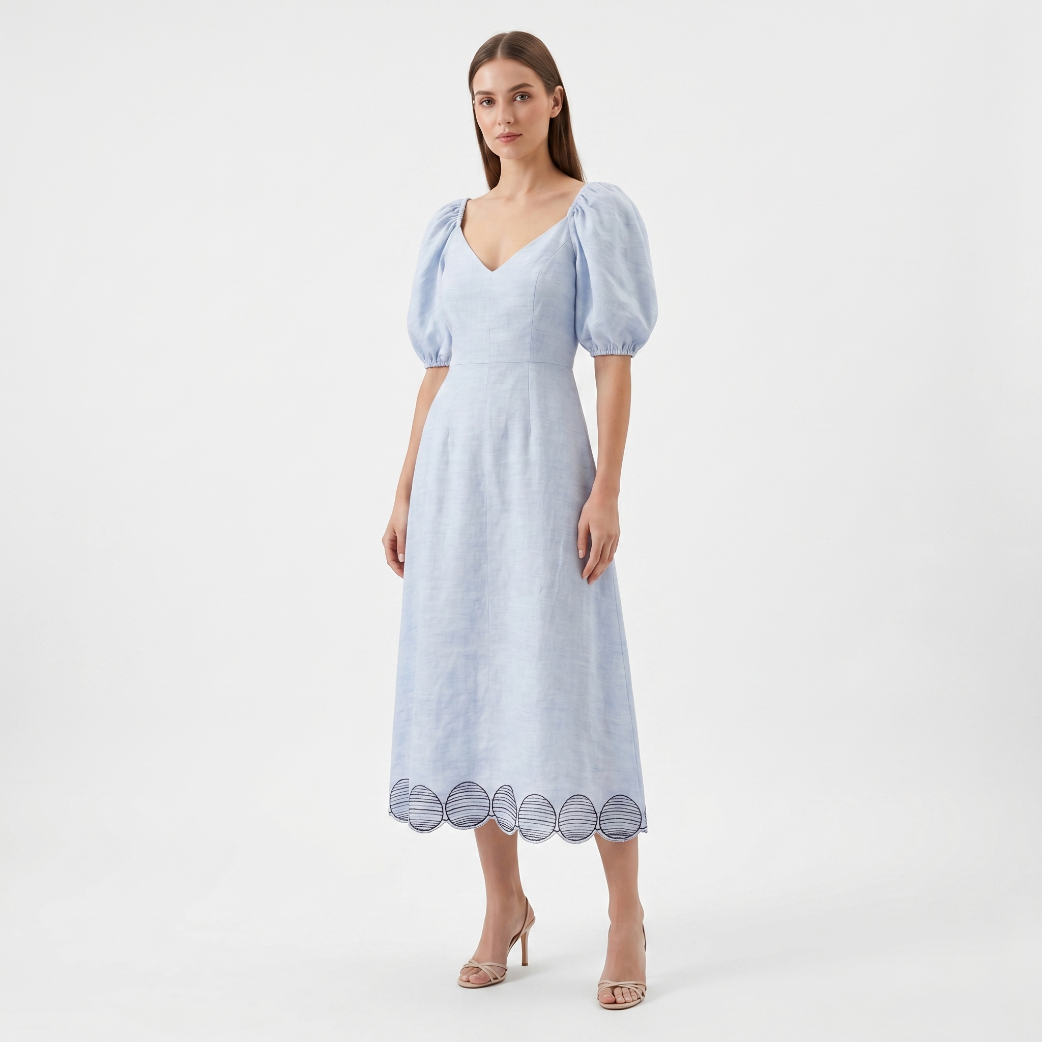 Puff Sleeve Logo Applique Midi Dress