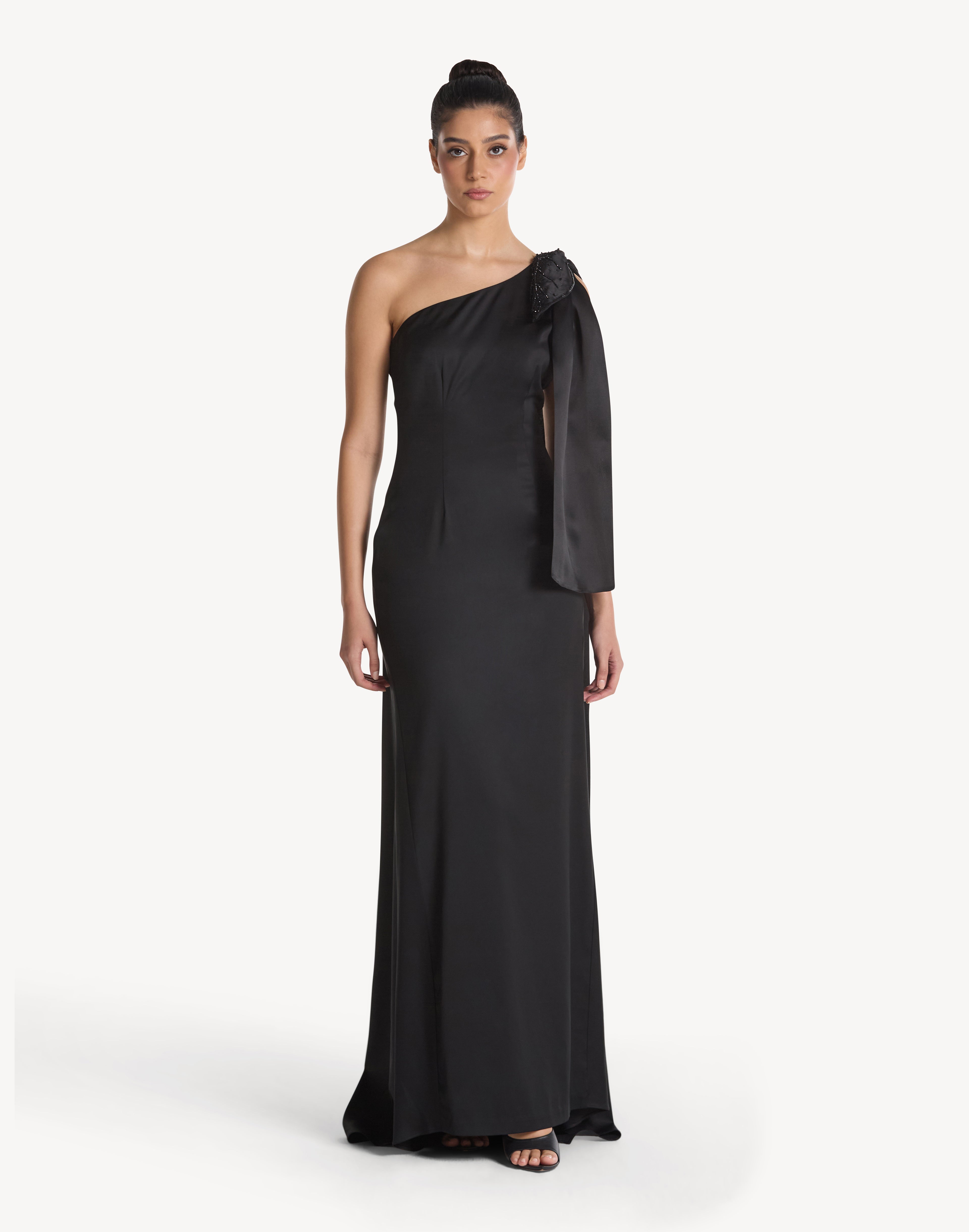 Beaded Leaf Appliqué One Shoulder Bow Dress