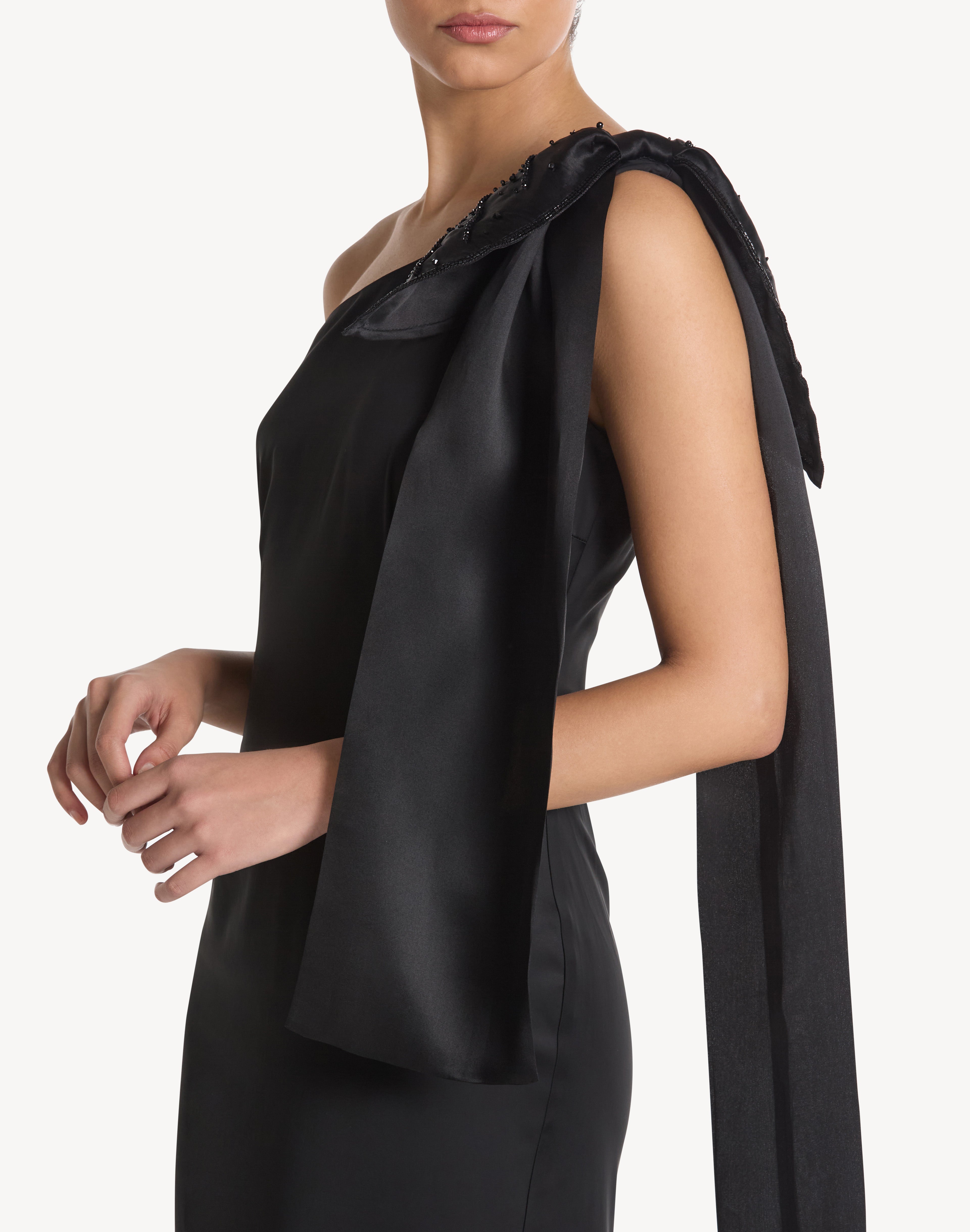 Beaded Leaf Appliqué One Shoulder Bow Dress