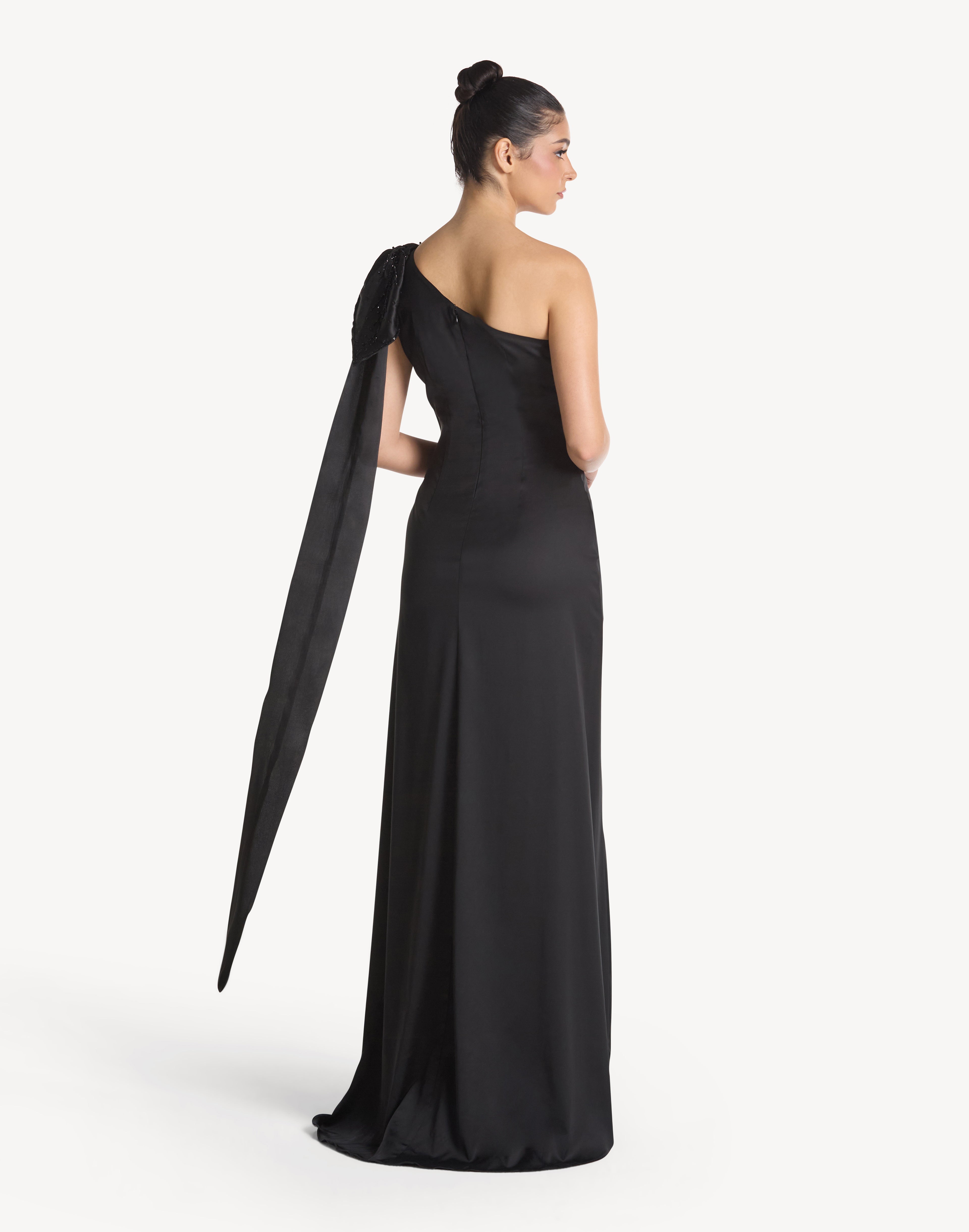 Beaded Leaf Appliqué One Shoulder Bow Dress