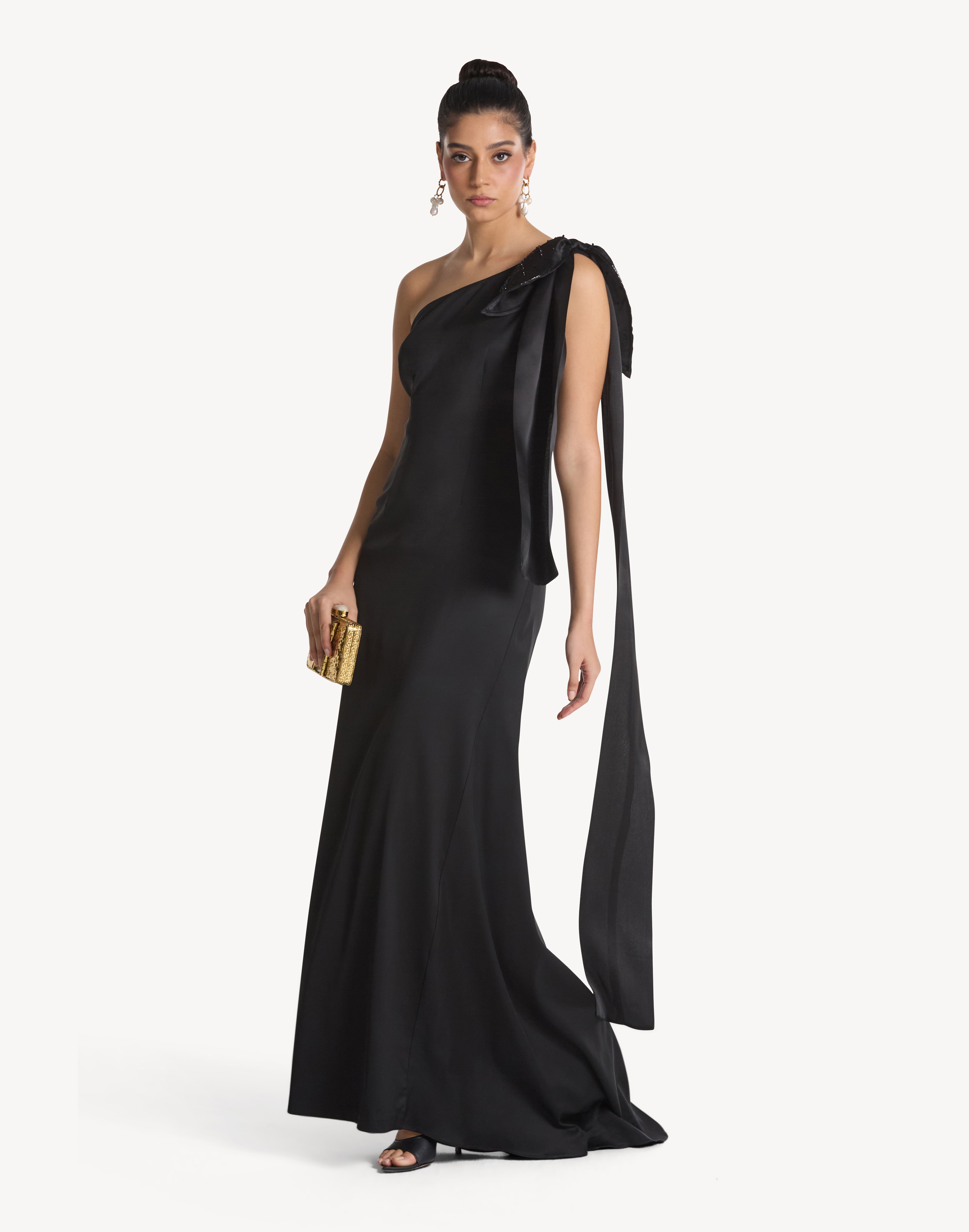 Beaded Leaf Appliqué One Shoulder Bow Dress