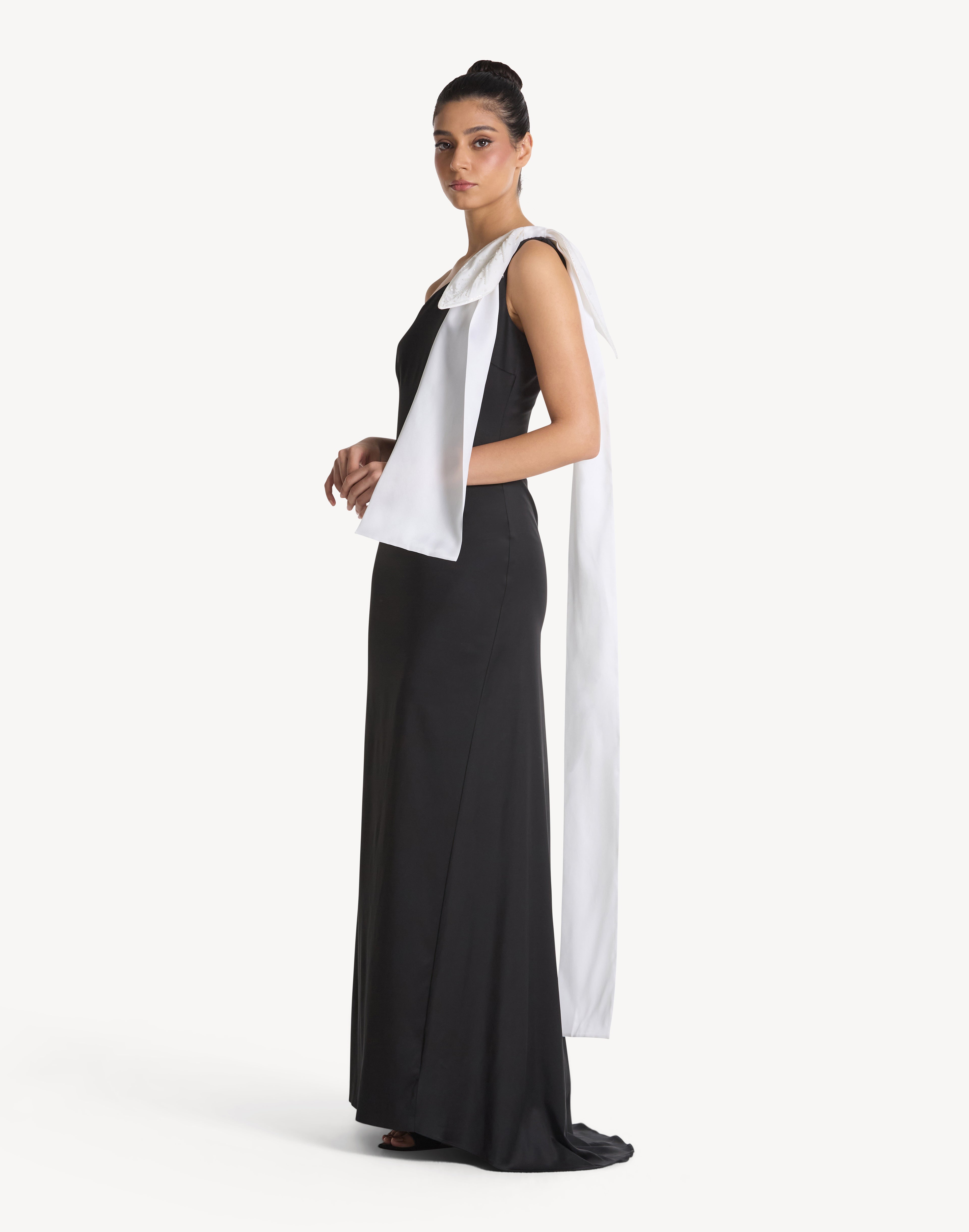 Beaded Leaf Appliqué One Shoulder Bow Dress