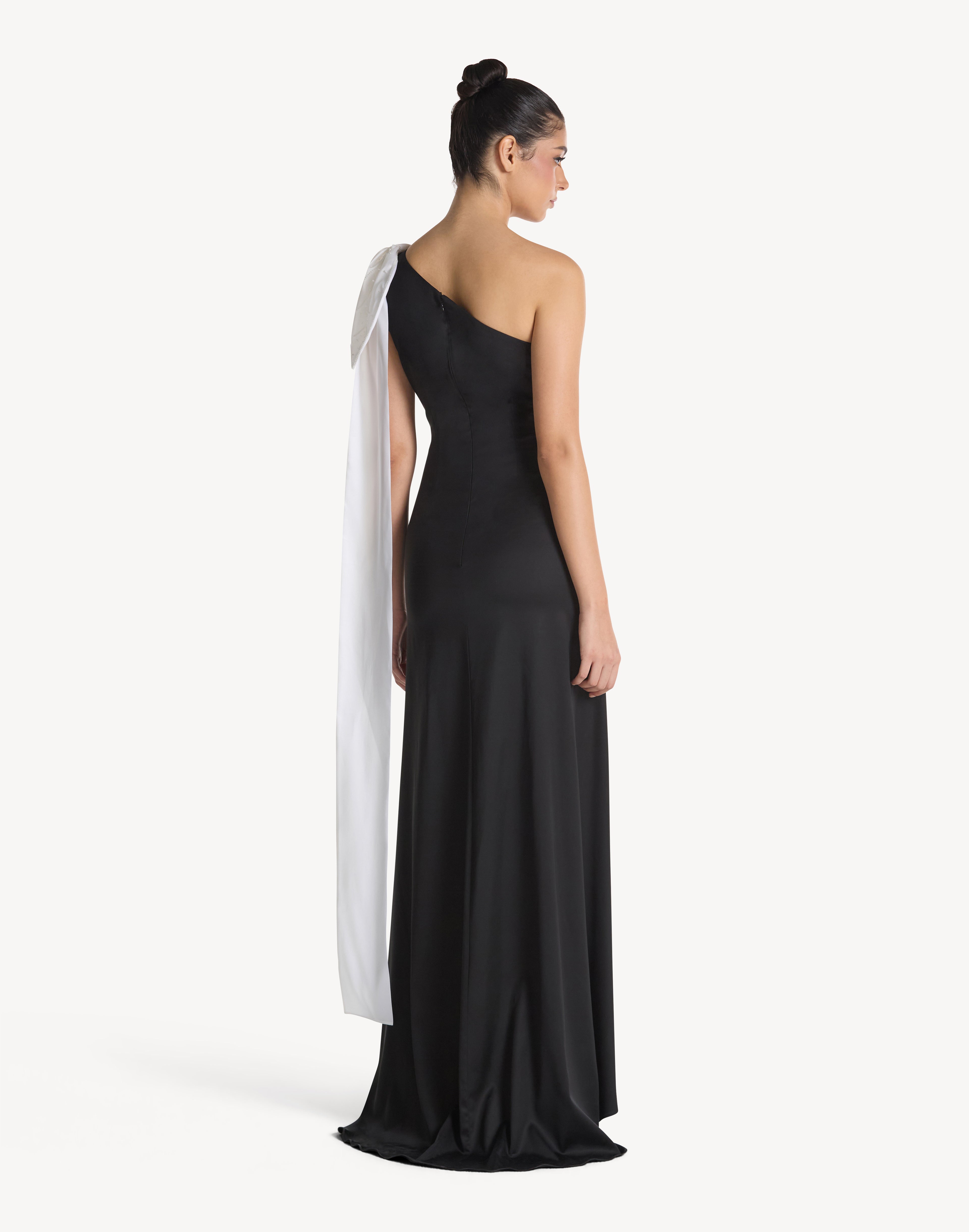 Beaded Leaf Appliqué One Shoulder Bow Dress