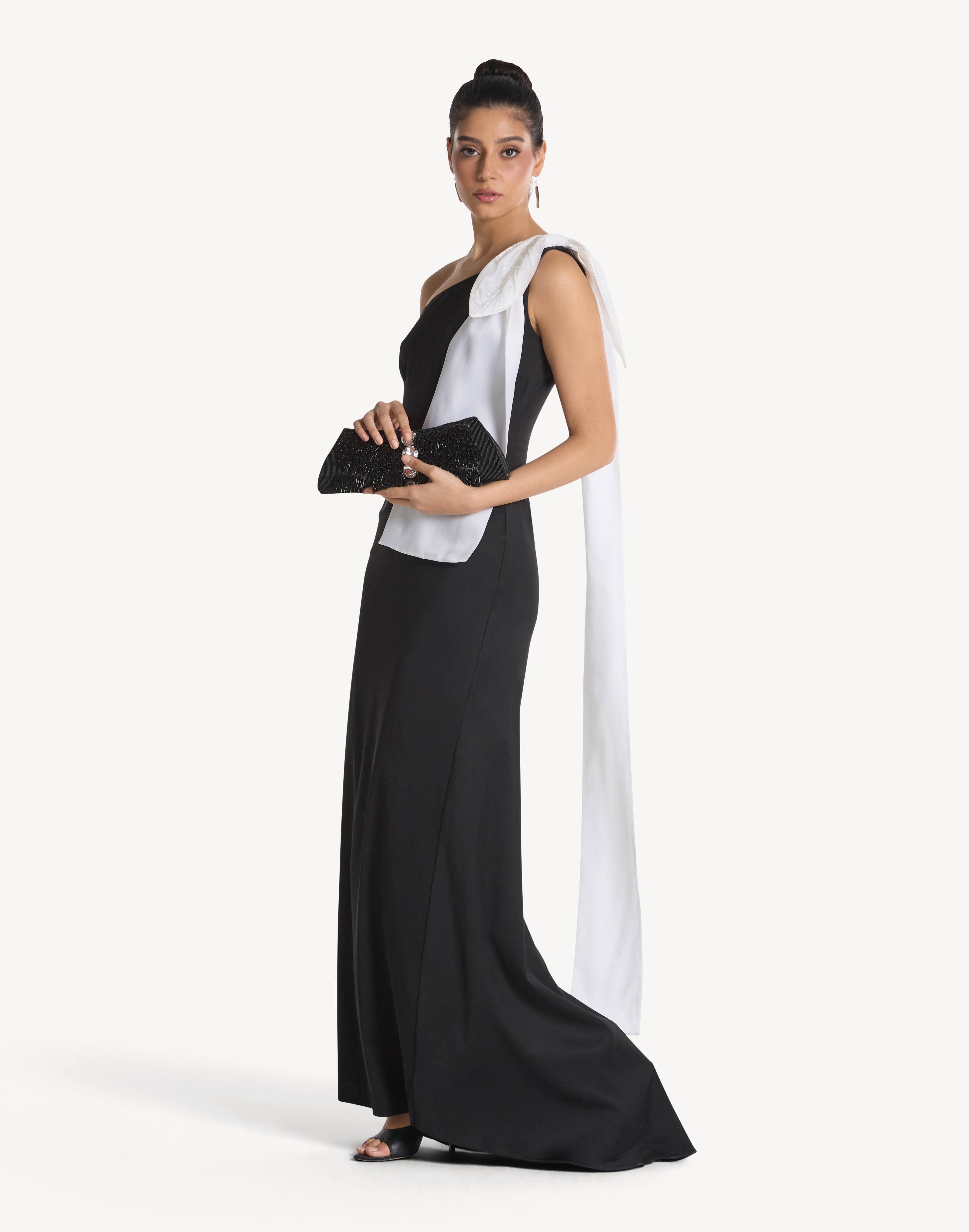 Beaded Leaf Appliqué One Shoulder Bow Dress