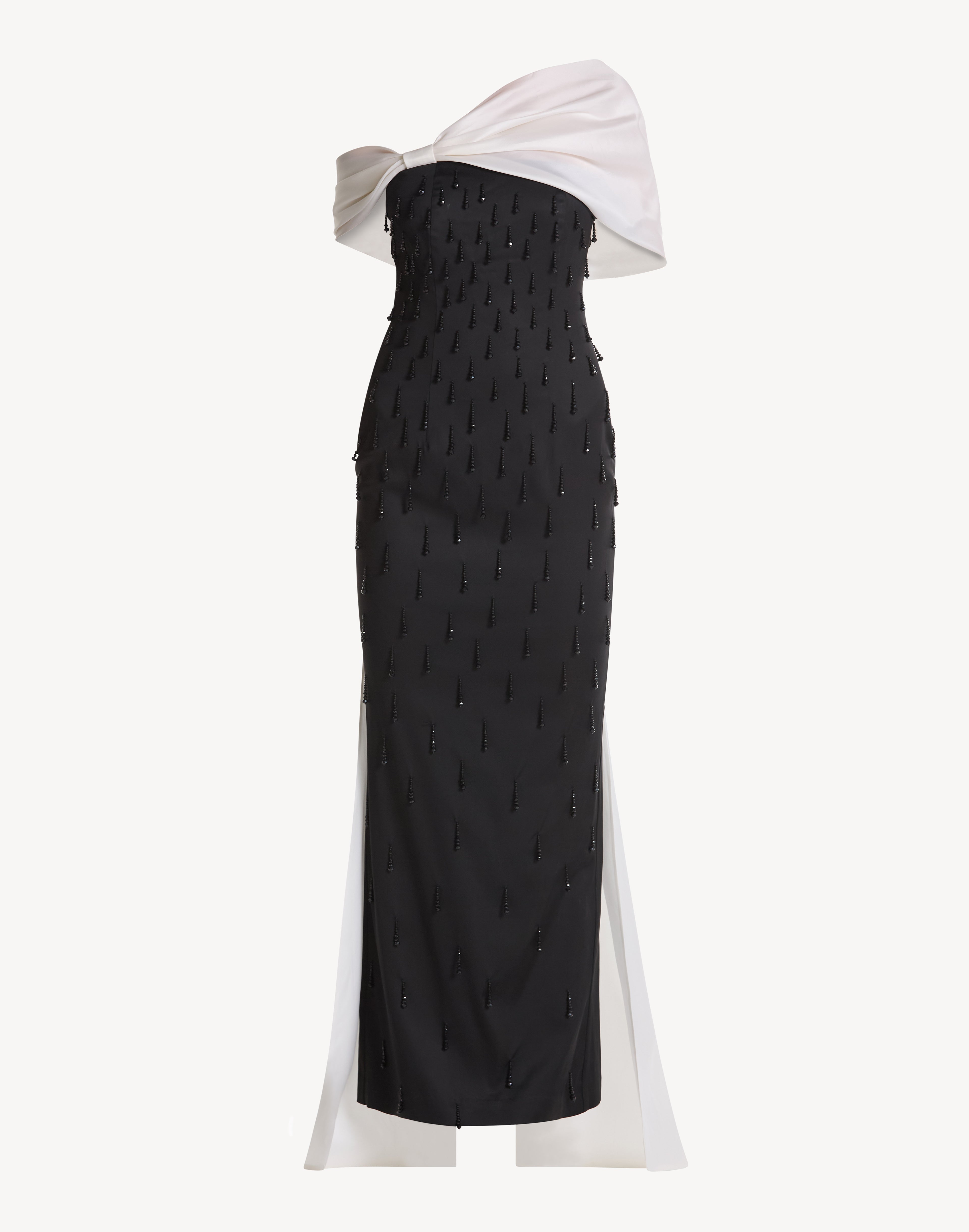 Pearl Embellished Asymmetric Neck Bow Dress