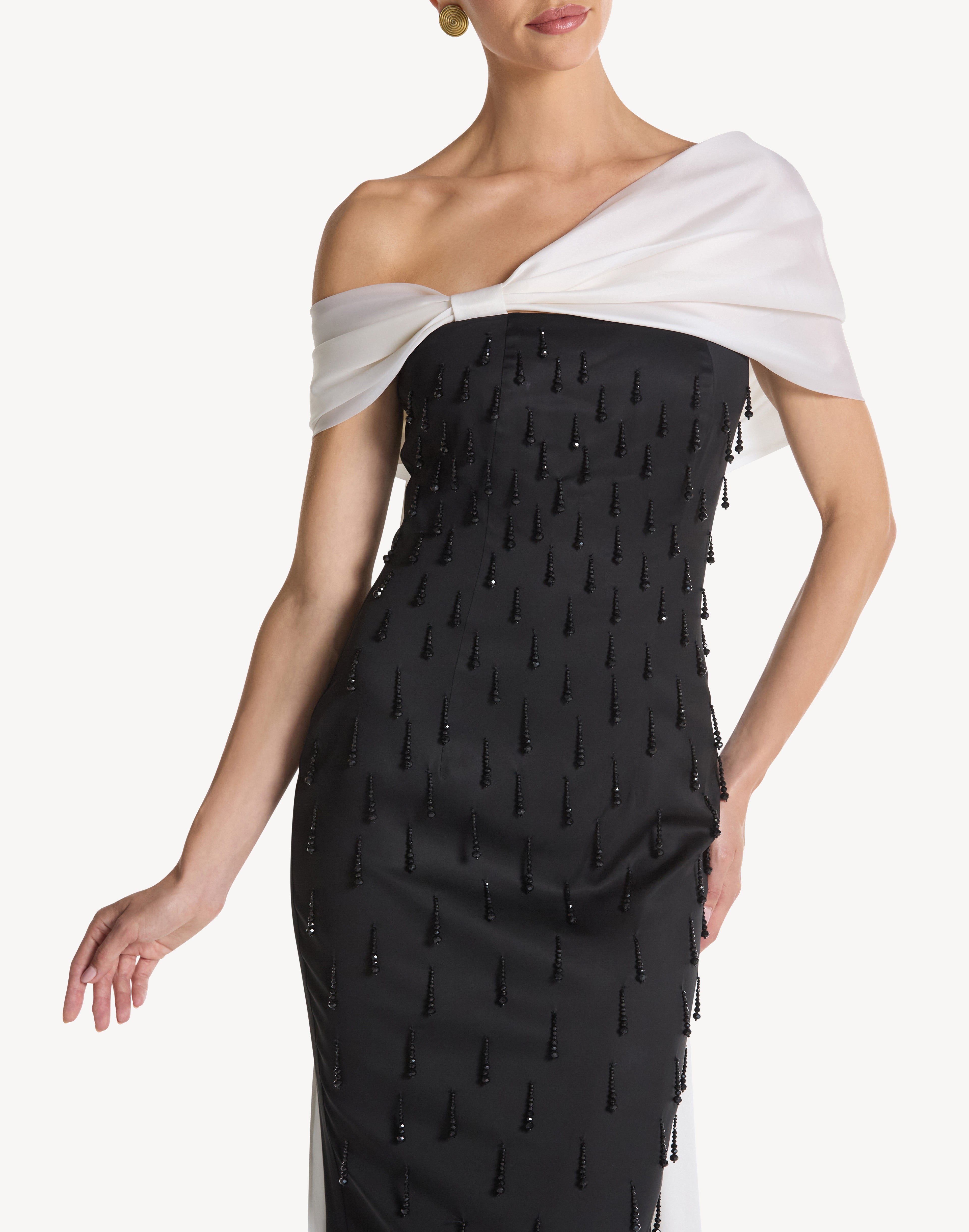 Pearl Embellished Asymmetric Neck Bow Dress