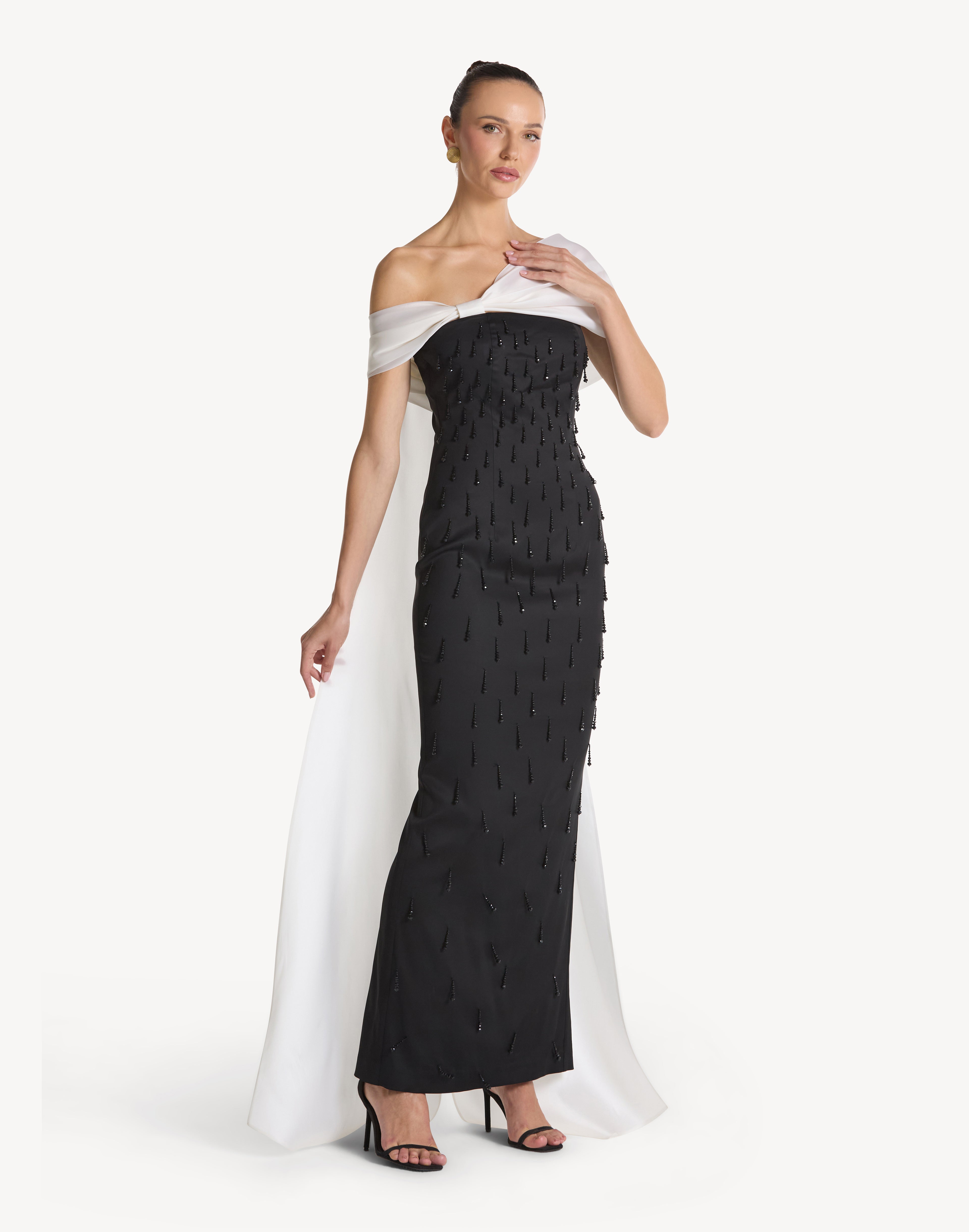 Pearl Embellished Asymmetric Neck Bow Dress