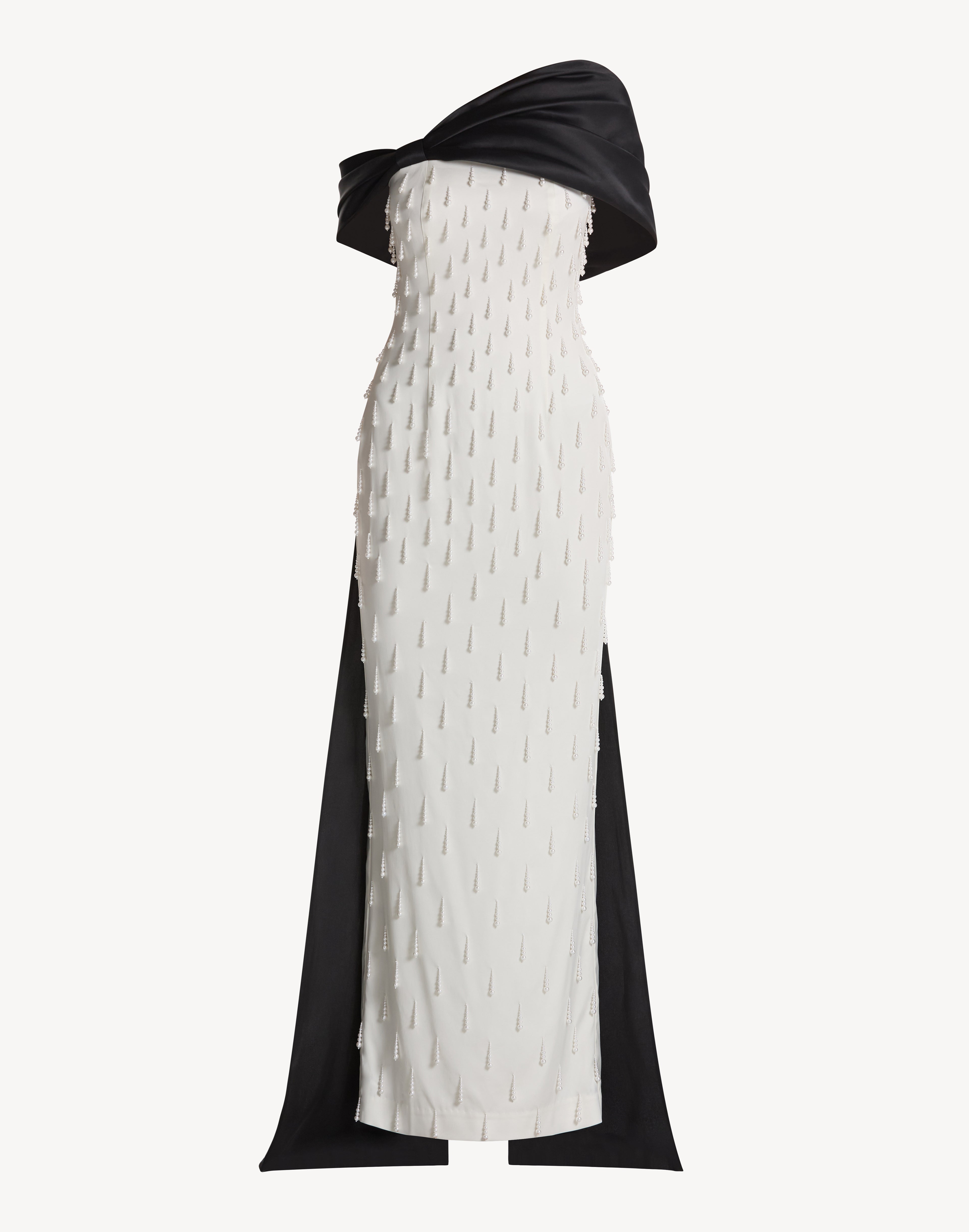 Pearl Embellished Asymmetric Neck Bow Dress