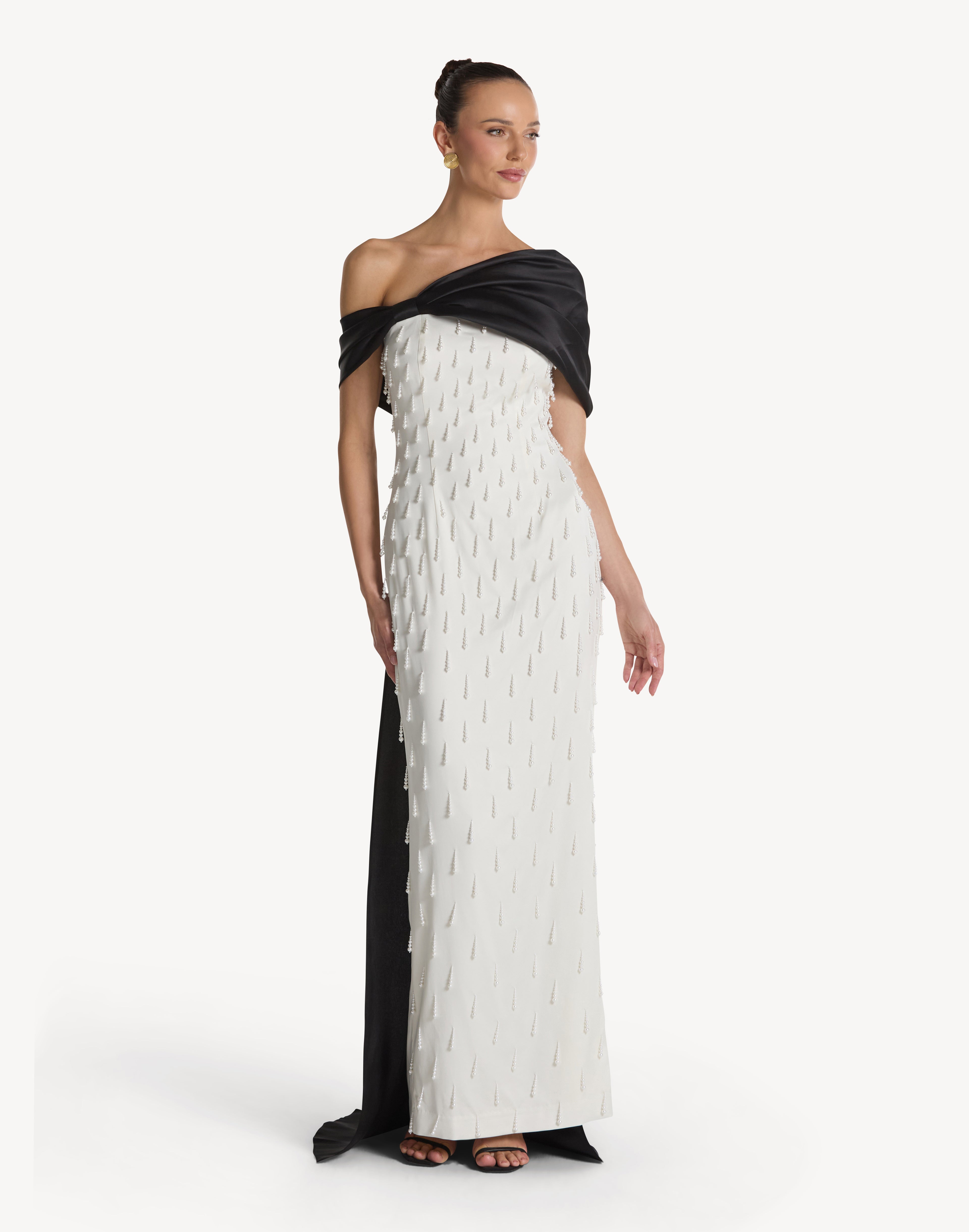 Pearl Embellished Asymmetric Neck Bow Dress