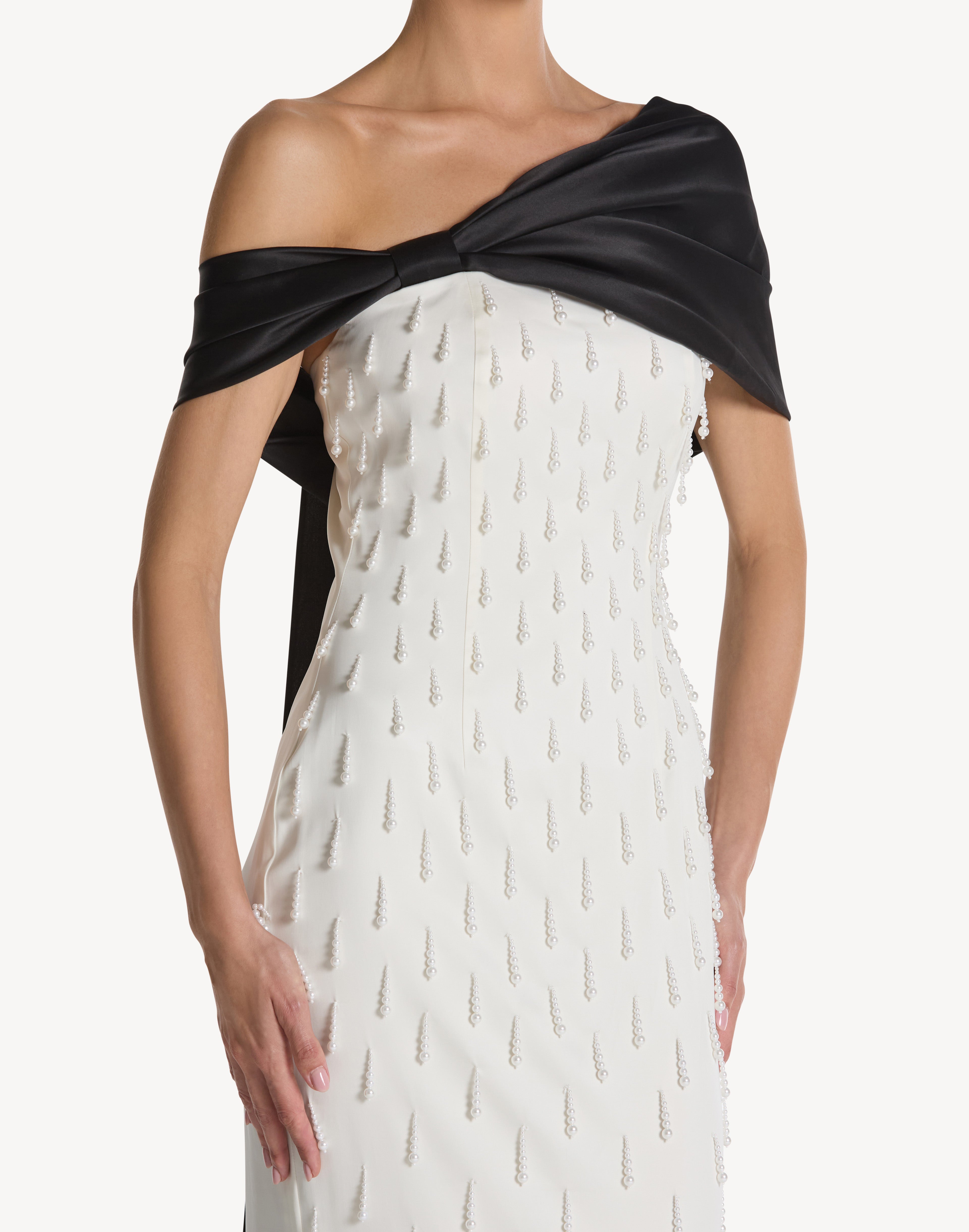 Pearl Embellished Asymmetric Neck Bow Dress