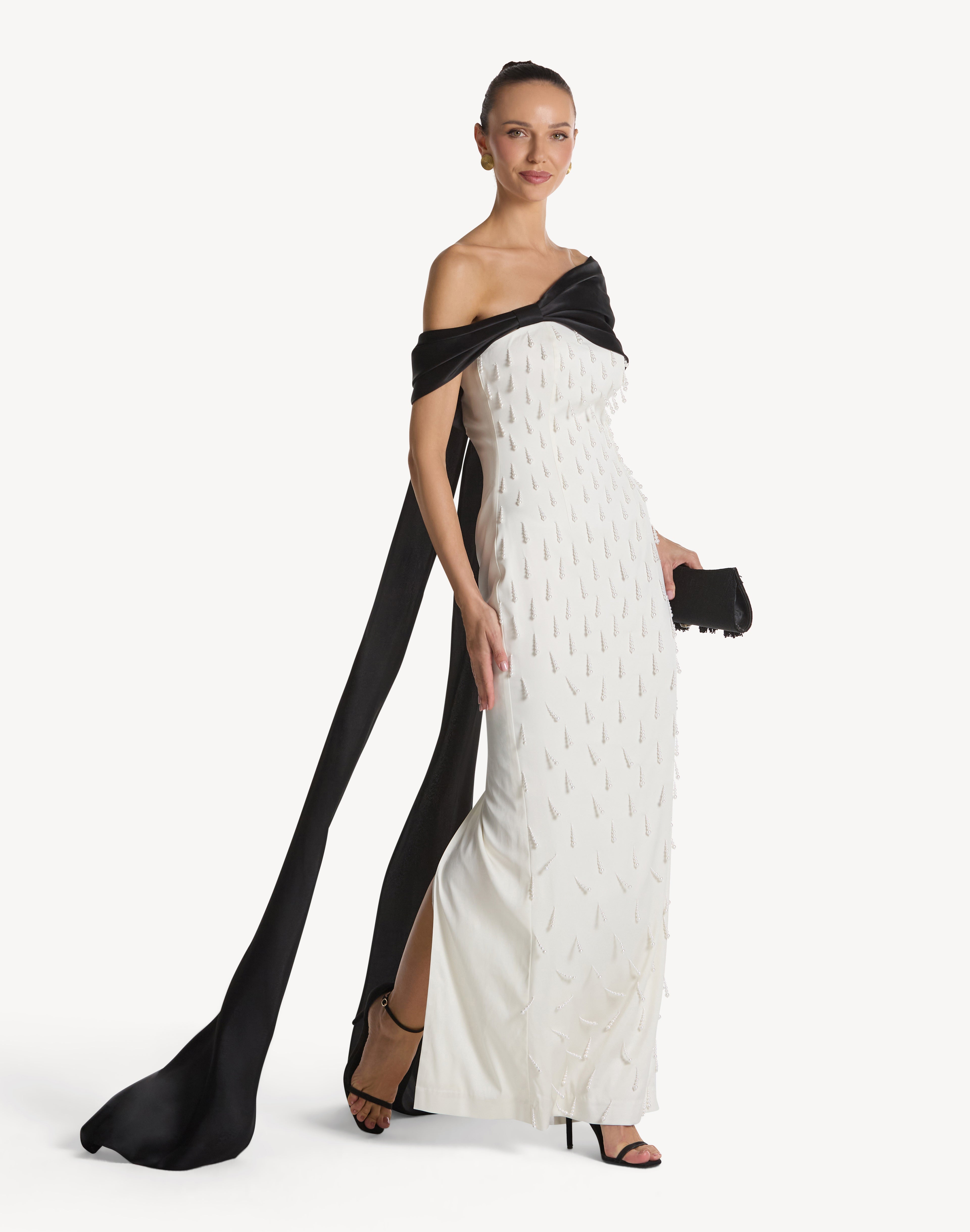 Pearl Embellished Asymmetric Neck Bow Dress