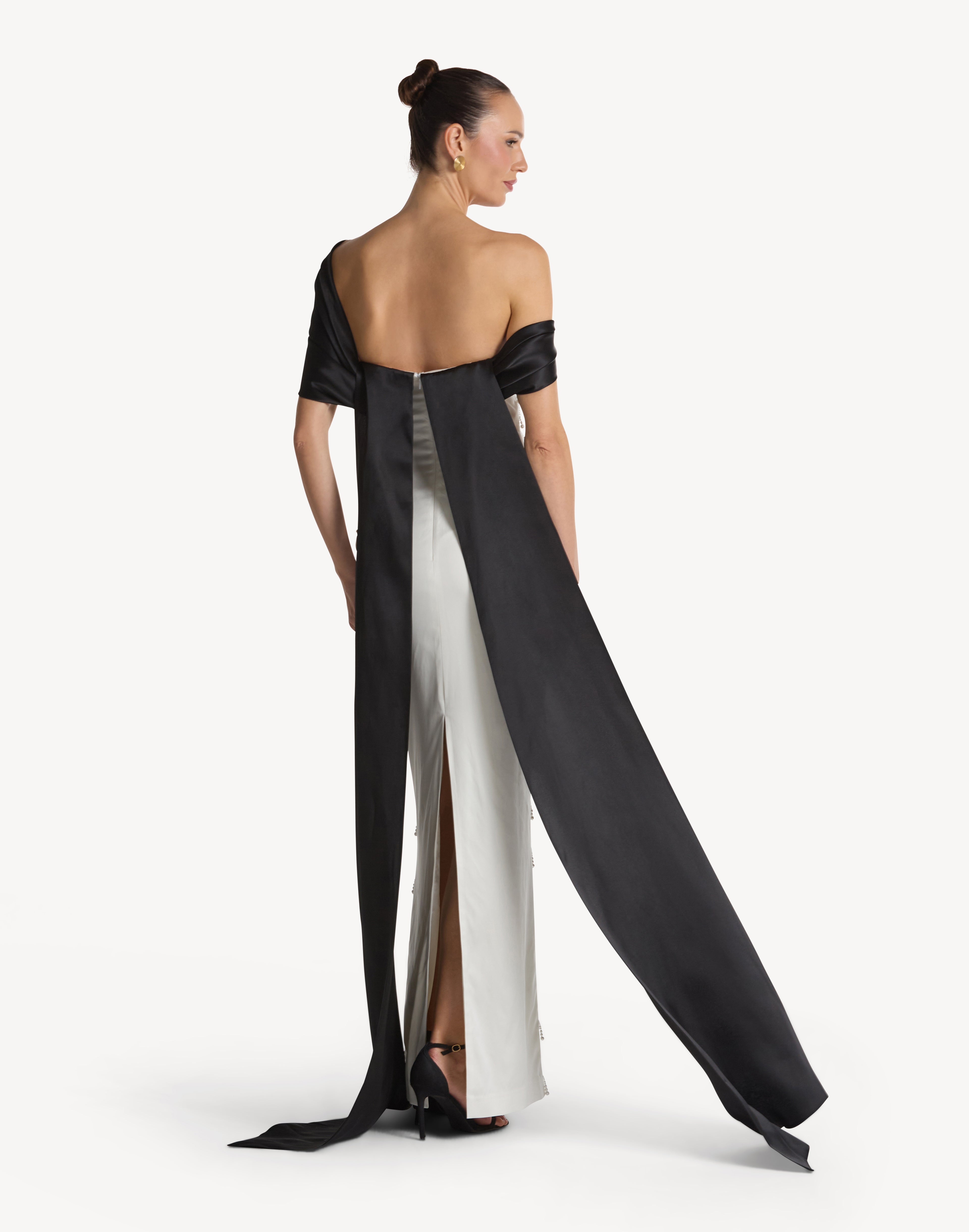 Pearl Embellished Asymmetric Neck Bow Dress