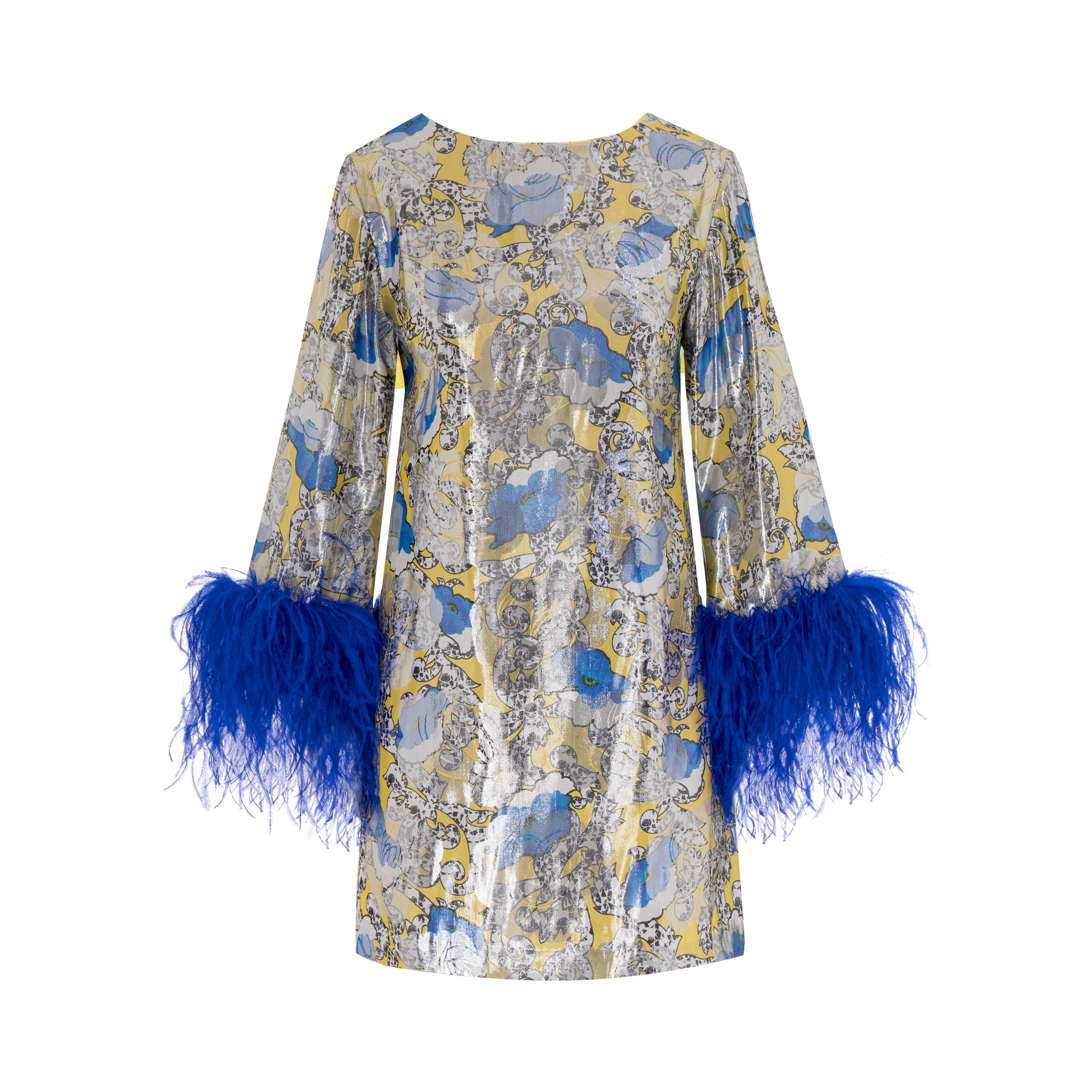 Rose-Pattern Feather-Trim Mini Dress