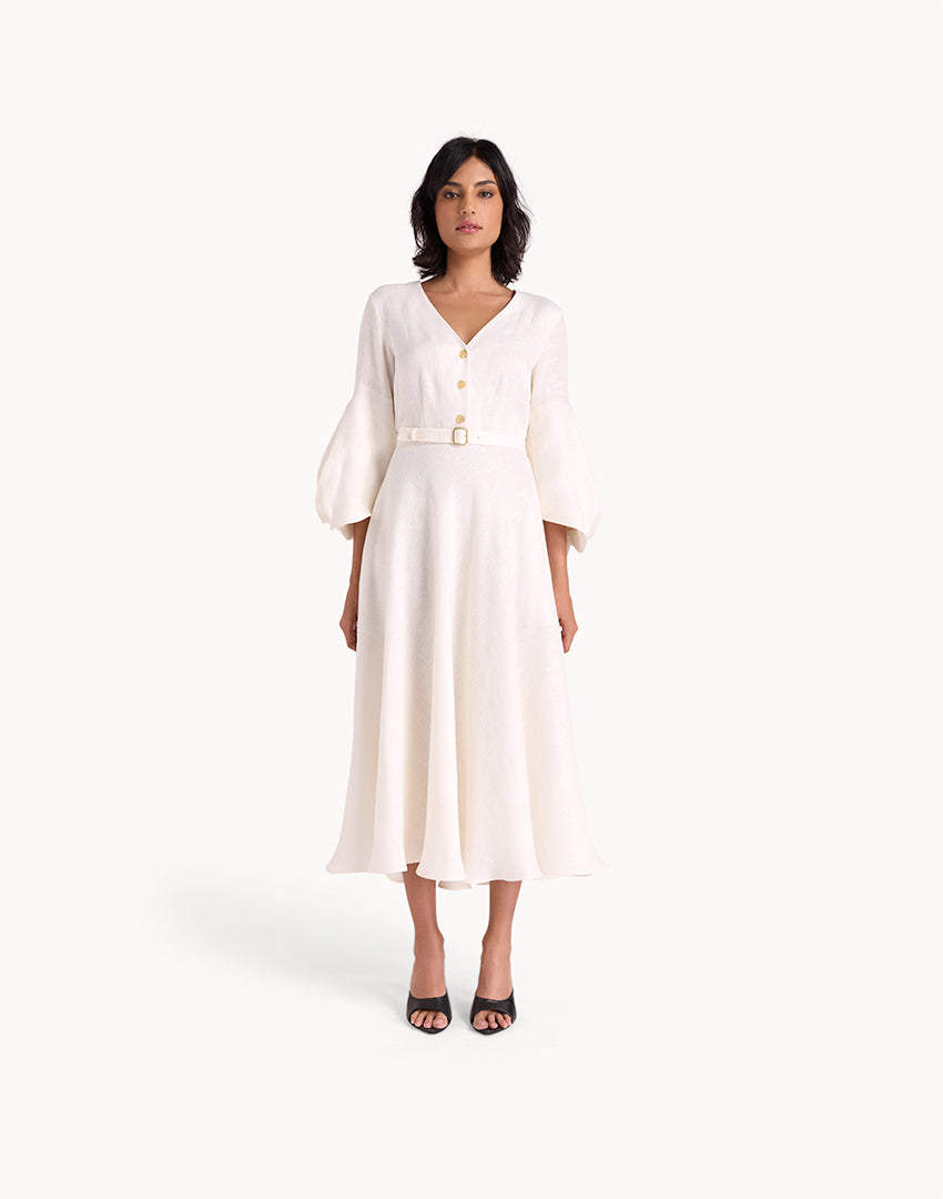 Linen Draped Sleeve Midi Dress - White