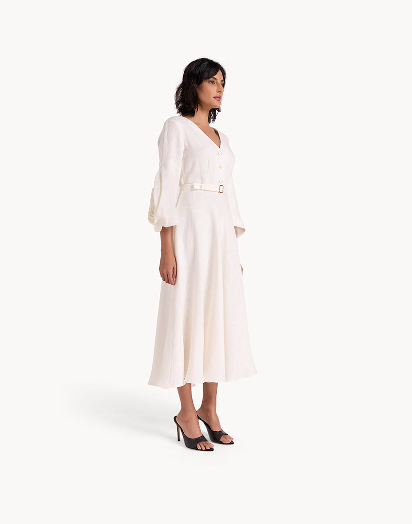 Linen Draped Sleeve Midi Dress - White