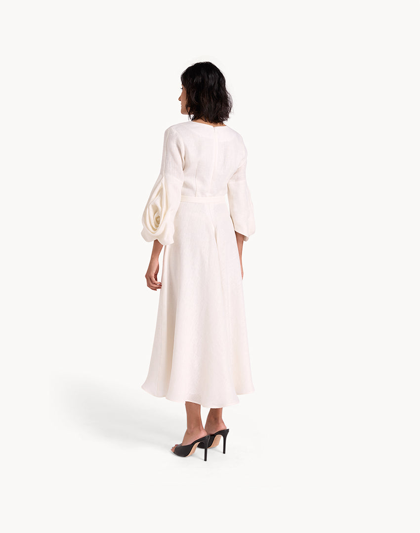 Linen Draped Sleeve Midi Dress - White