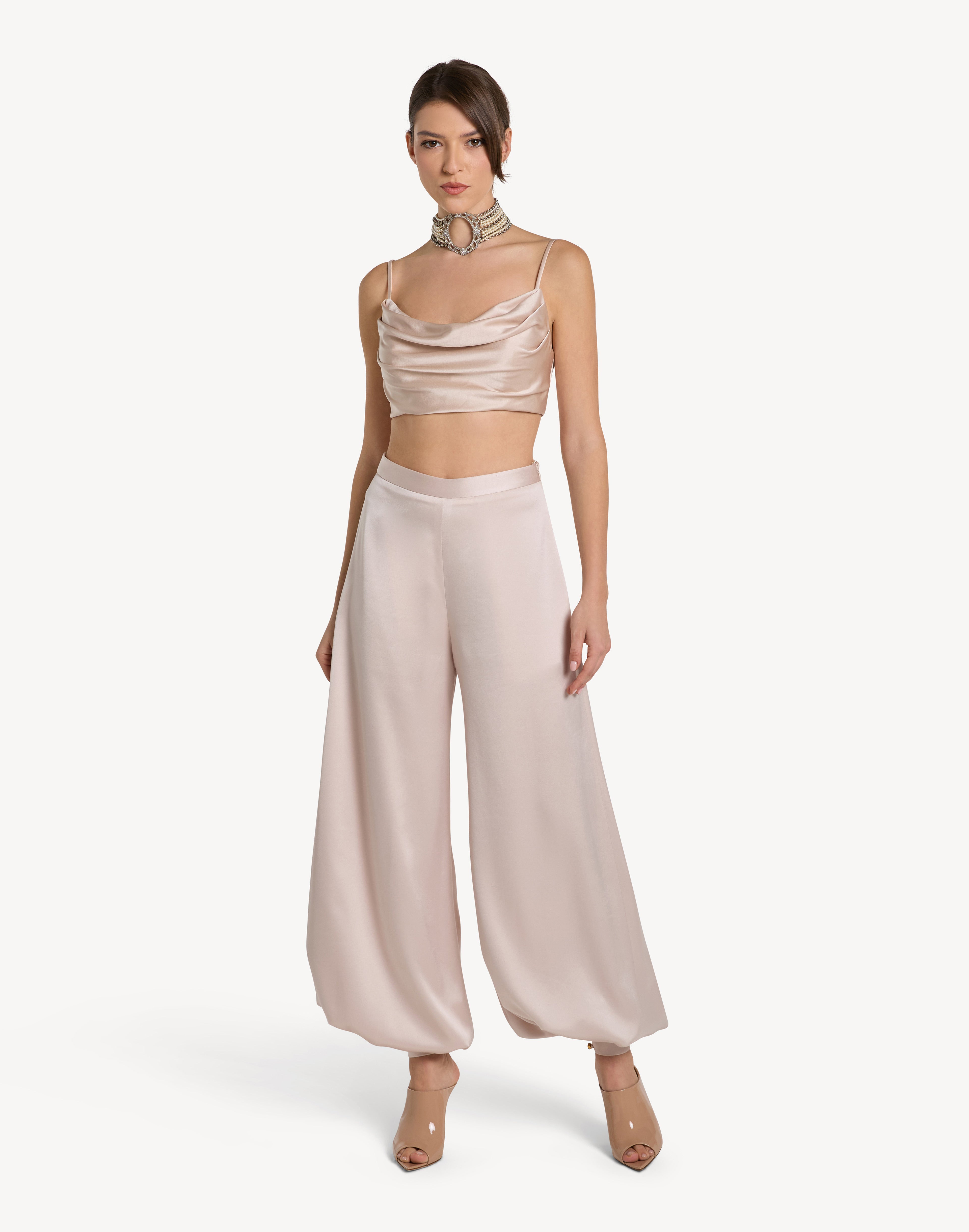 Button Cuff Detail Satin Haram Trousers