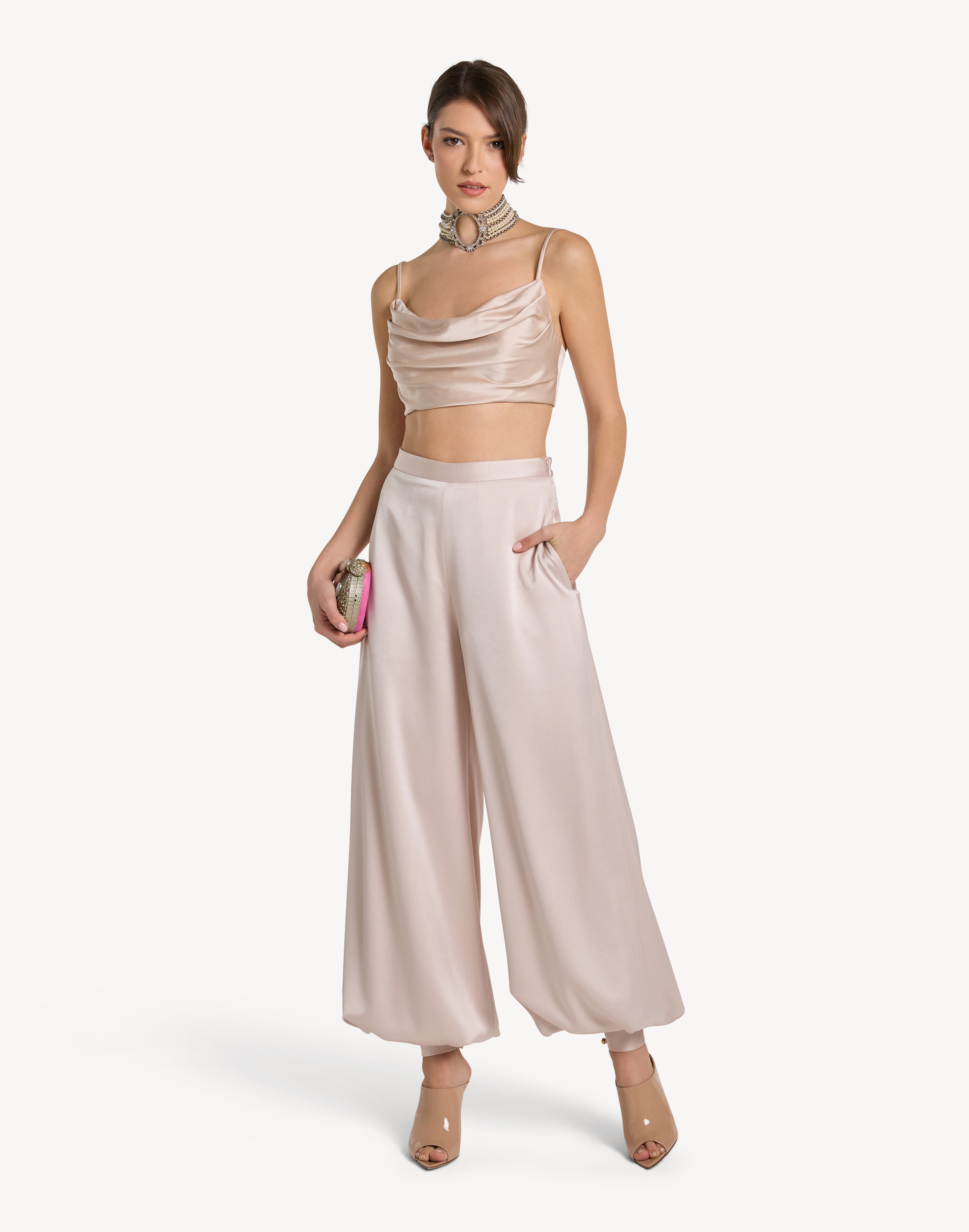 Button Cuff Detail Satin Haram Trousers