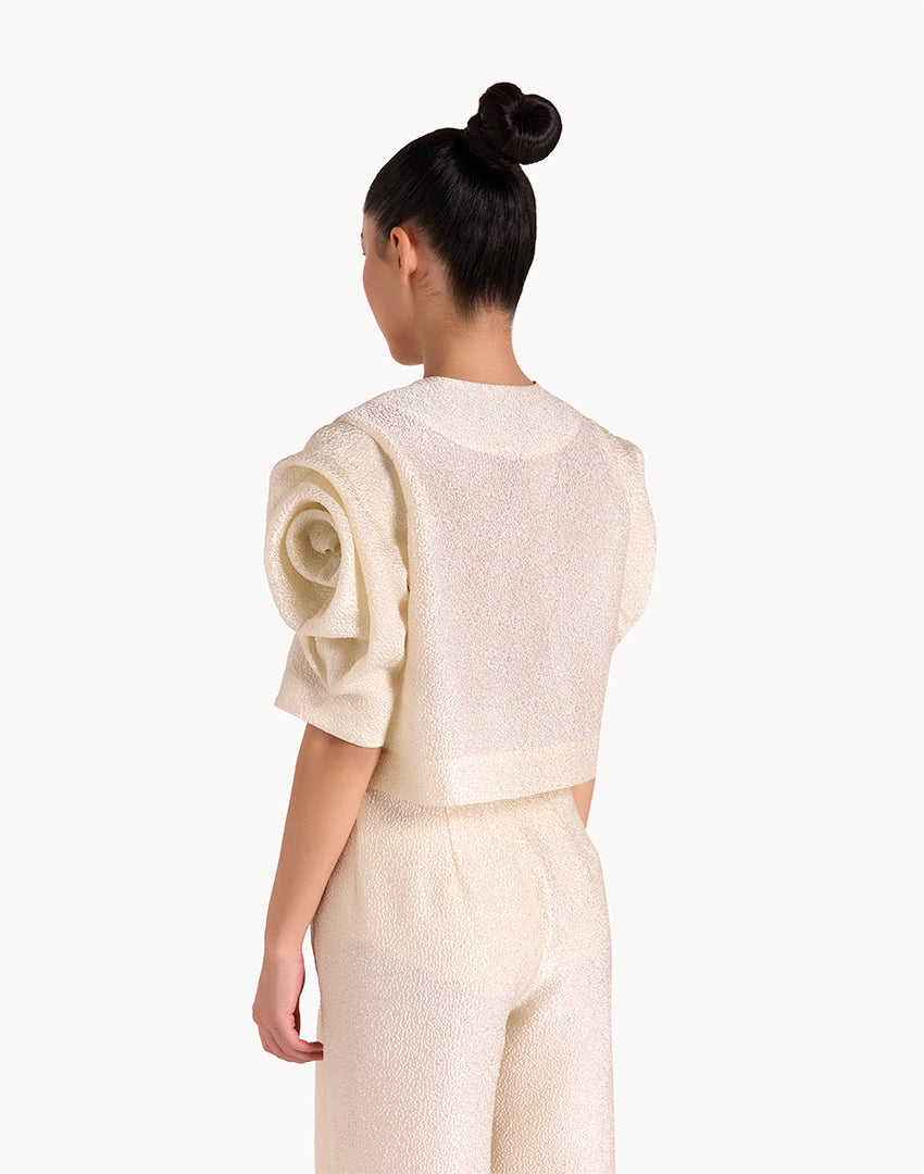Silk Brocade Floral Draped Sleeve Blouse