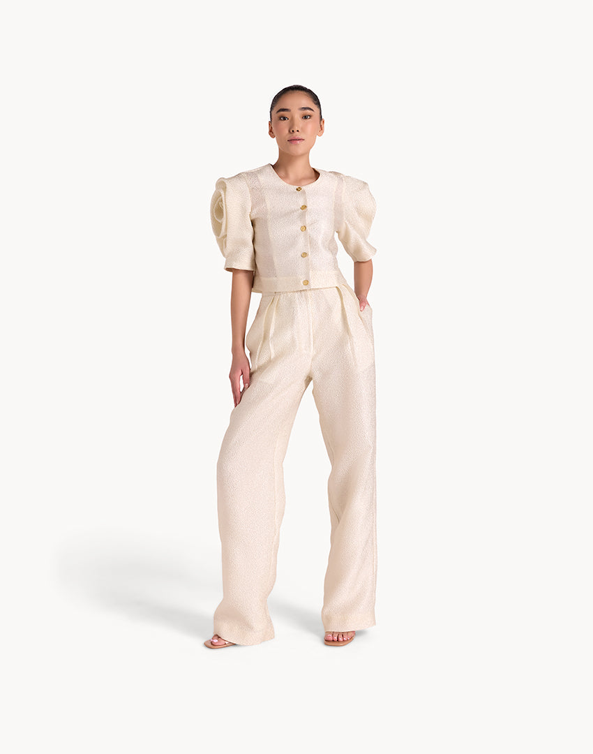 Silk Brocade Floral Draped Sleeves Top