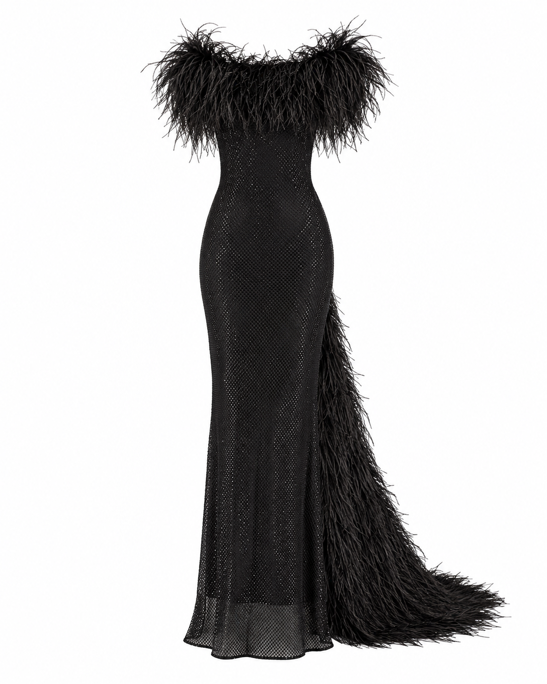 Stellar Crystal Embellished Feather-Trim Maxi Gown