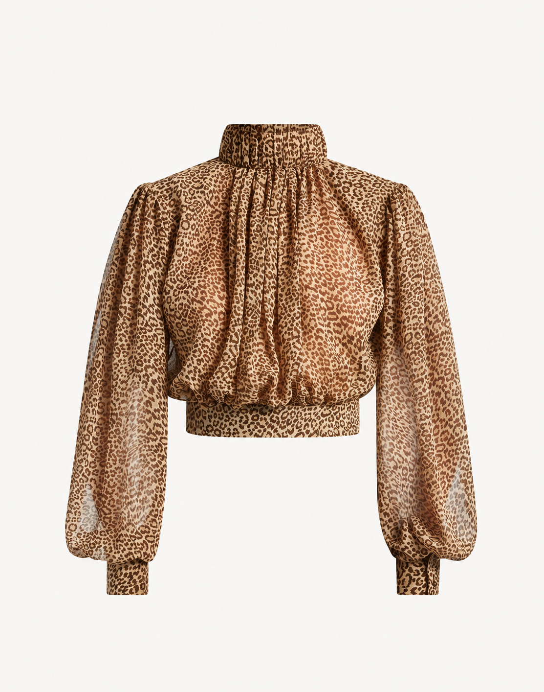 Leopard Print High Neck Pleated Blouse