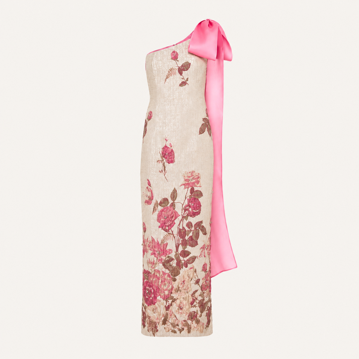 Brocade Crystal Embellished One Shoulder Maxi Dress