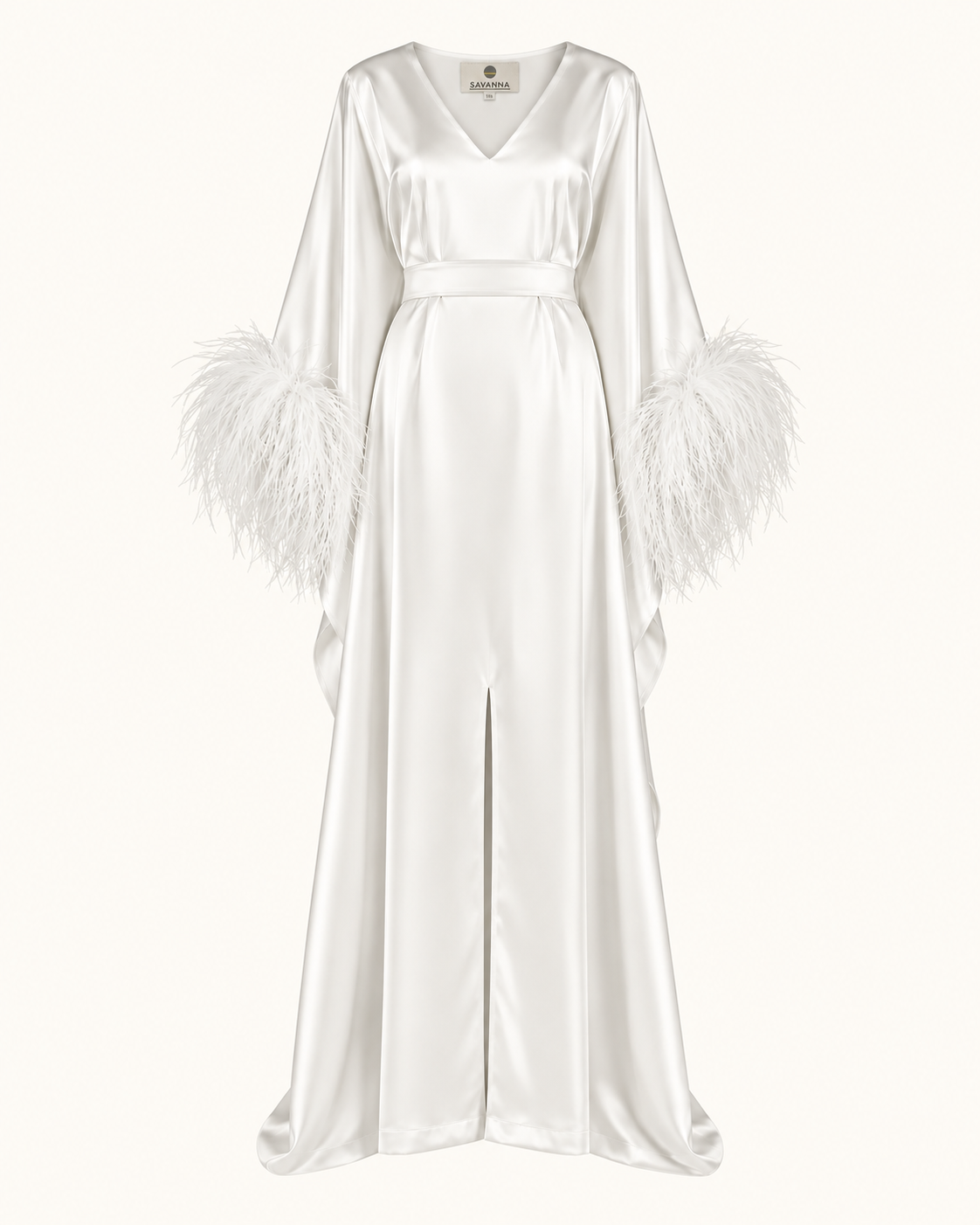Feather-Trimmed Belted Crepe Kaftan