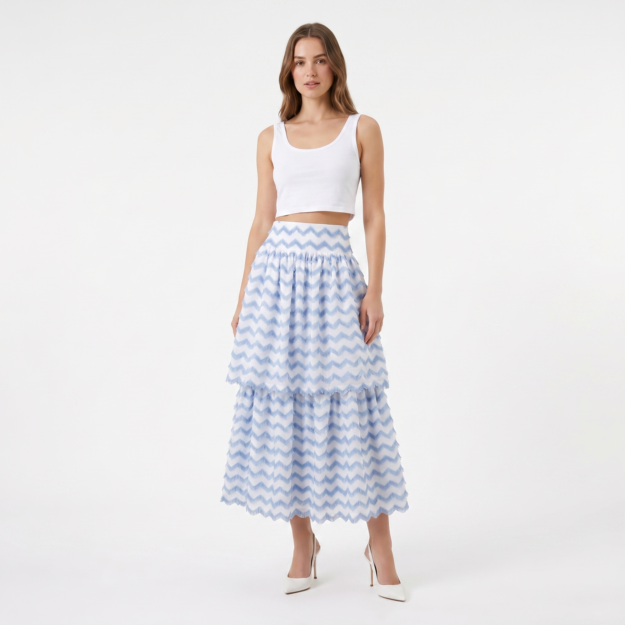 Chevron Fringe High-Waisted Midi Skirt