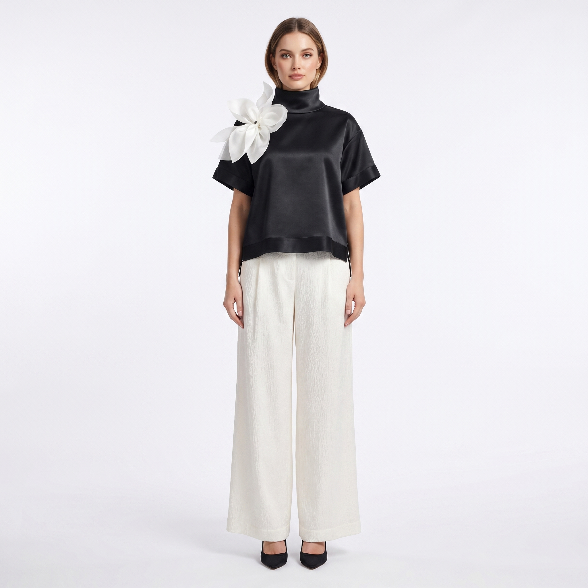 Fleur d’Épaule High-Neck Silk Blouse