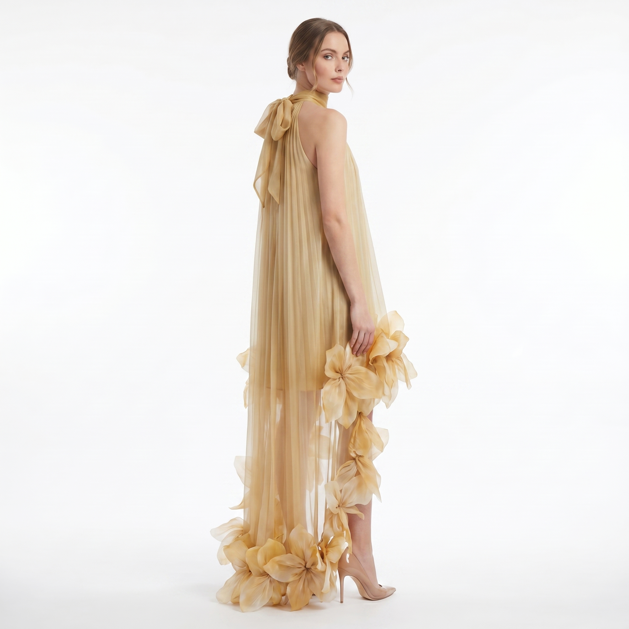 Silk Fleurs High-Low Halterneck Dress