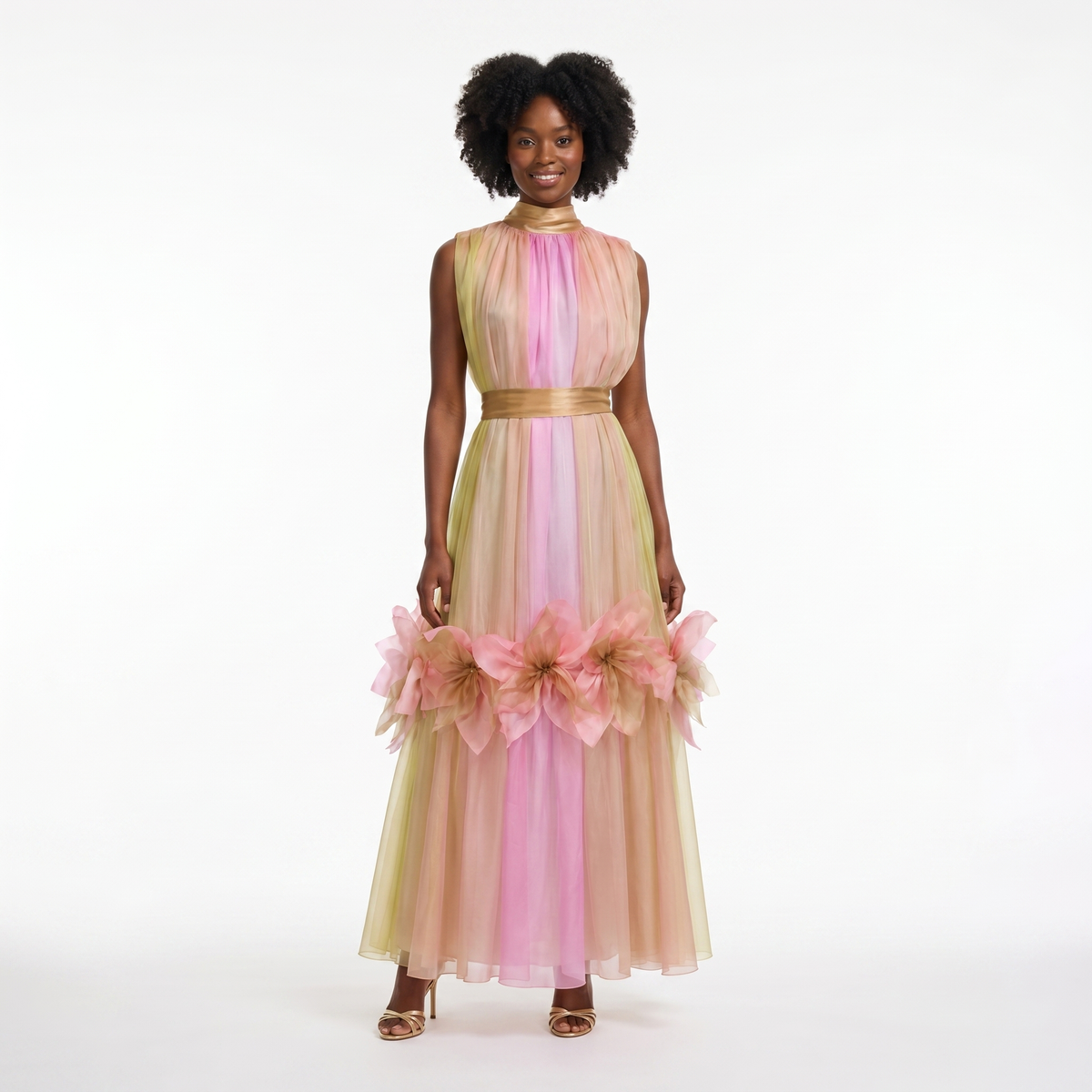 Silk Fleurs High-Neck Maxi Dress