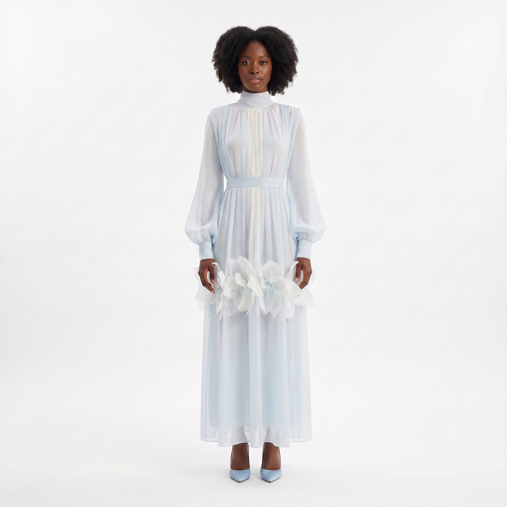 Silk Fleurs High-Neck Long-Sleeve Maxi Dress