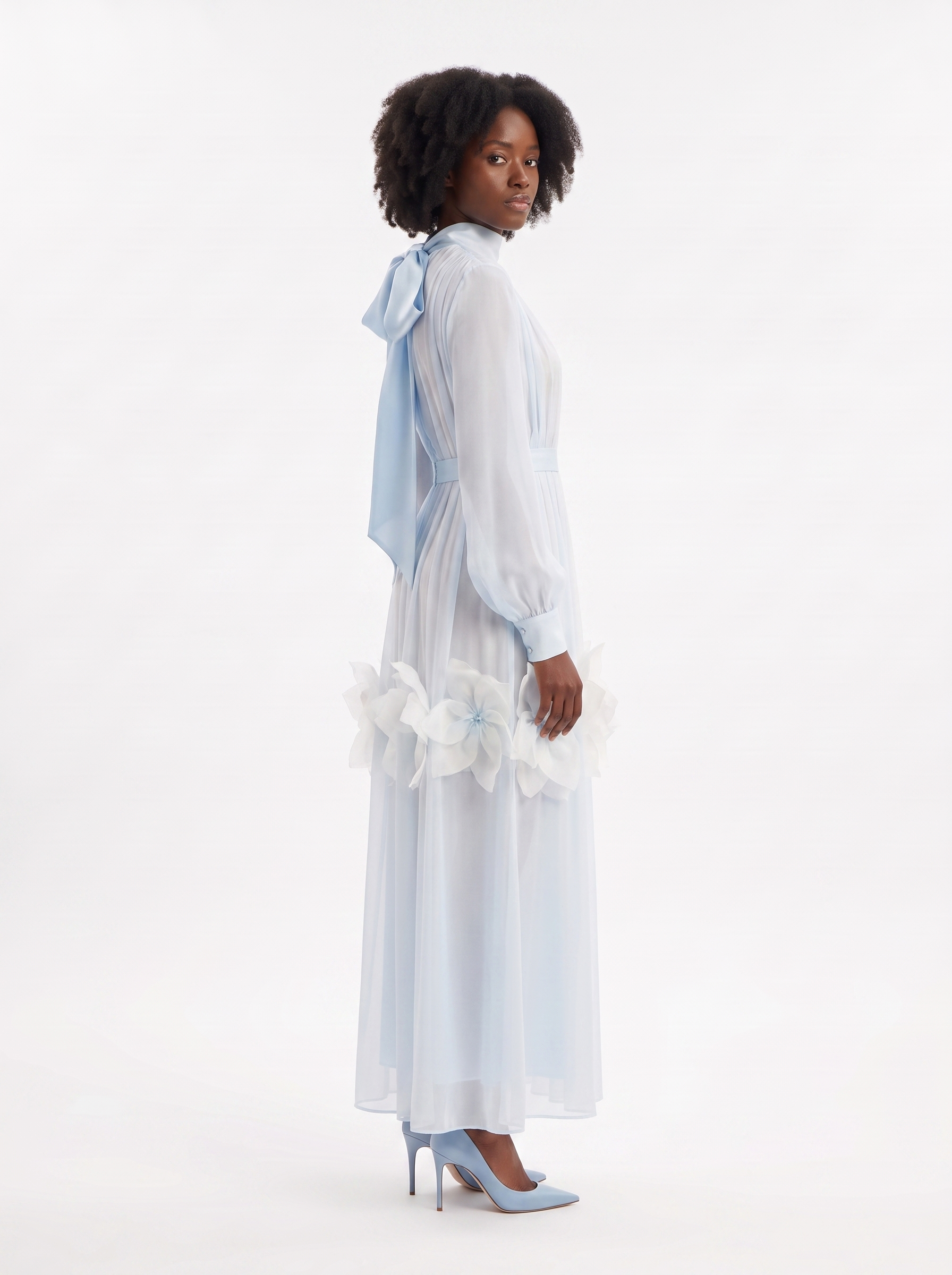 Silk Fleurs High-Neck Long-Sleeve Maxi Dress