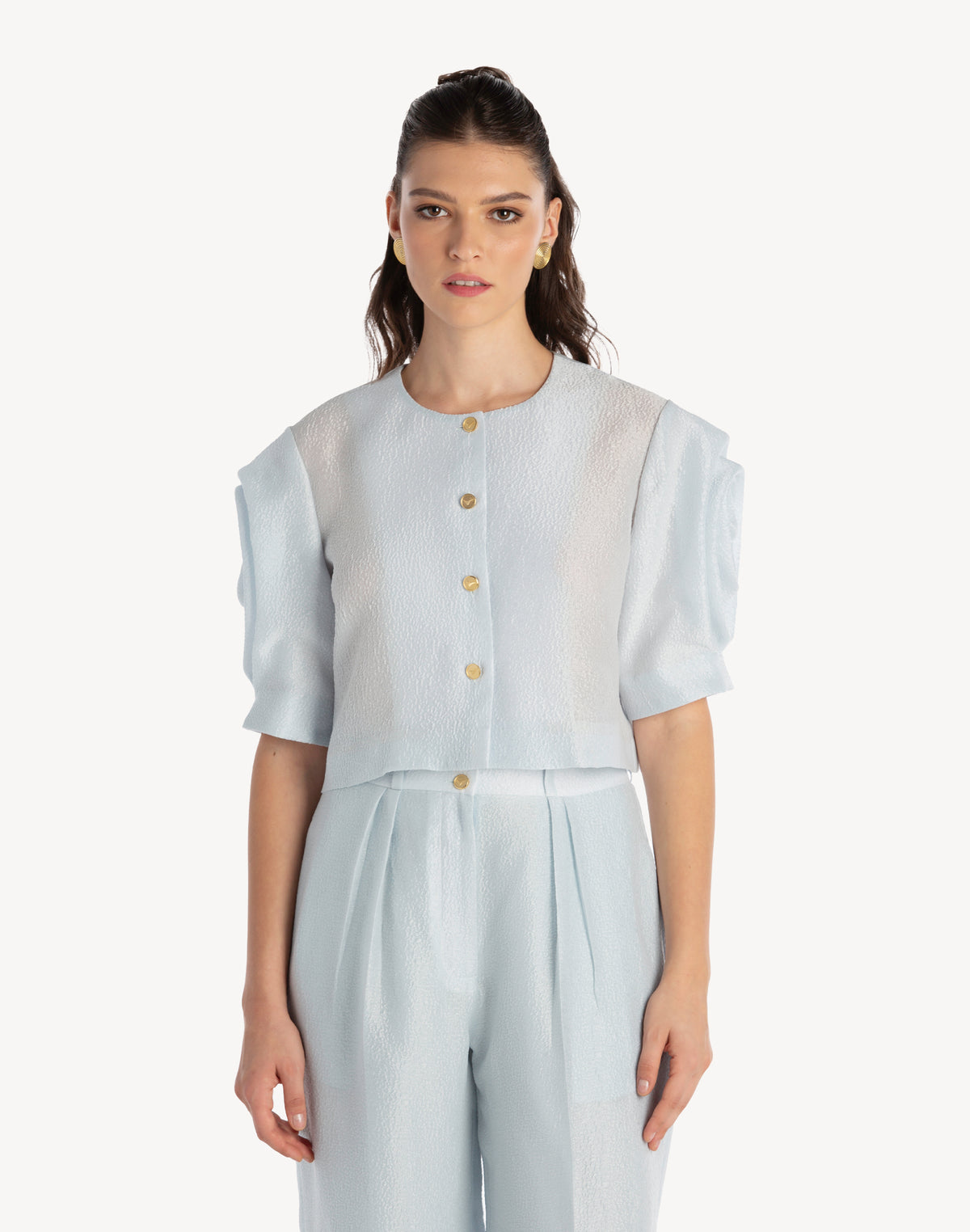 Silk Brocade Floral Draped Sleeve Blouse