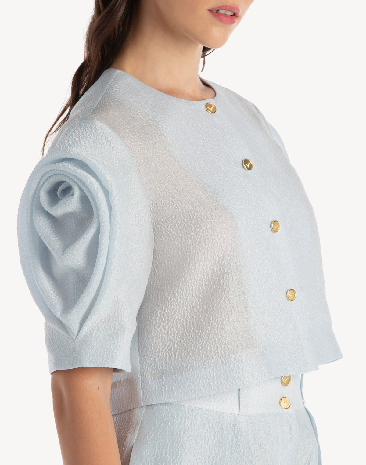 Silk Brocade Floral Draped Sleeve Blouse
