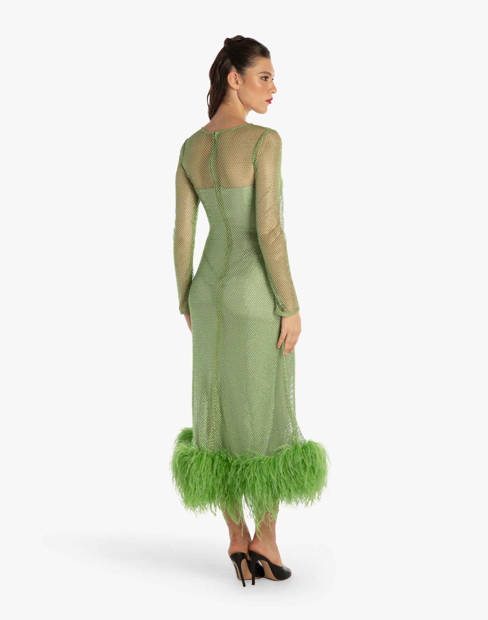 Feather-trimmed Crystal Embellished A-line Dress