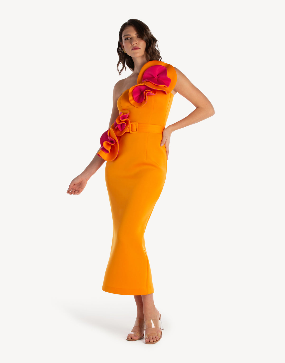 Floral Appliqué Pencil Belted Midi Dress