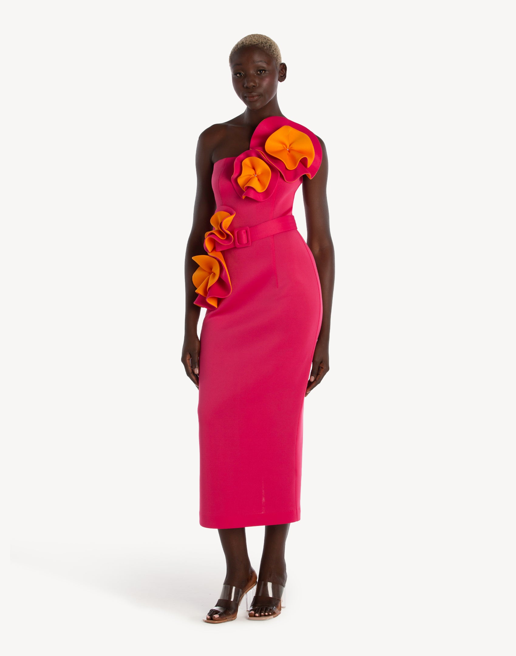 Floral Applique Pencil Belted Midi Dress- Pink