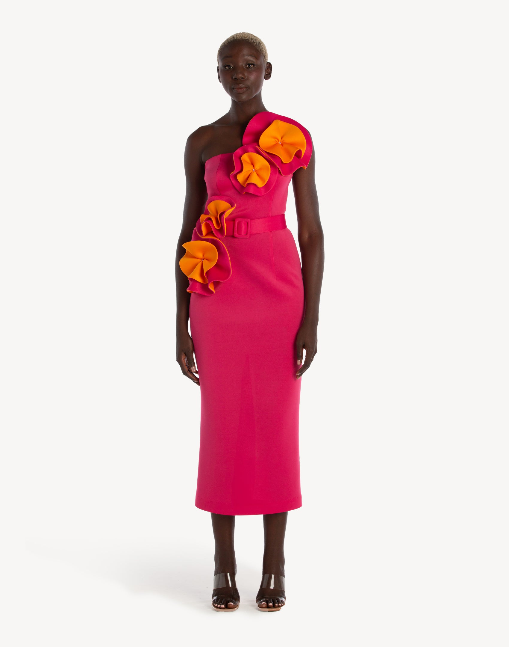 Floral Applique Pencil Belted Midi Dress- Pink