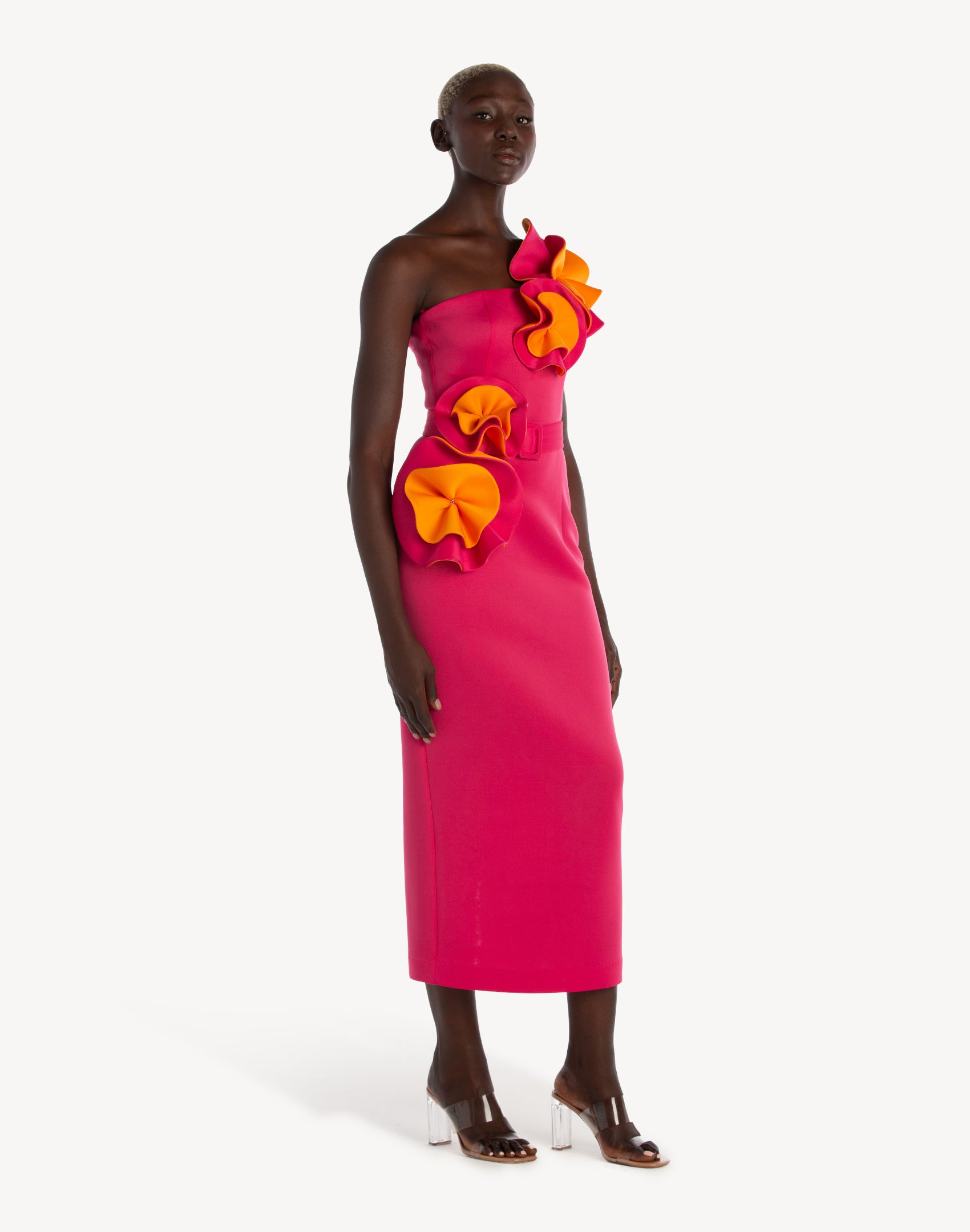 Floral Applique Pencil Belted Midi Dress- Pink