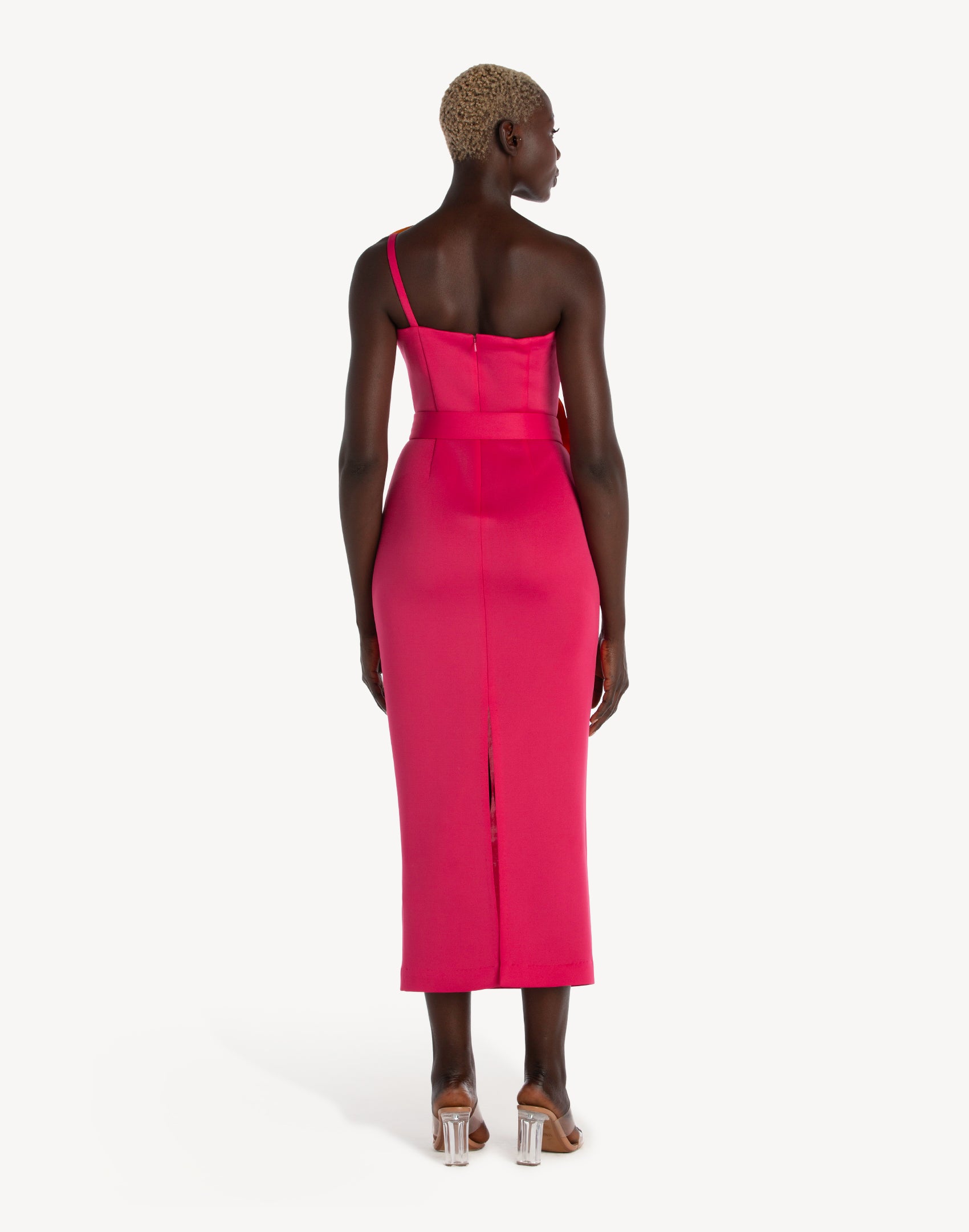 Floral Applique Pencil Belted Midi Dress- Pink