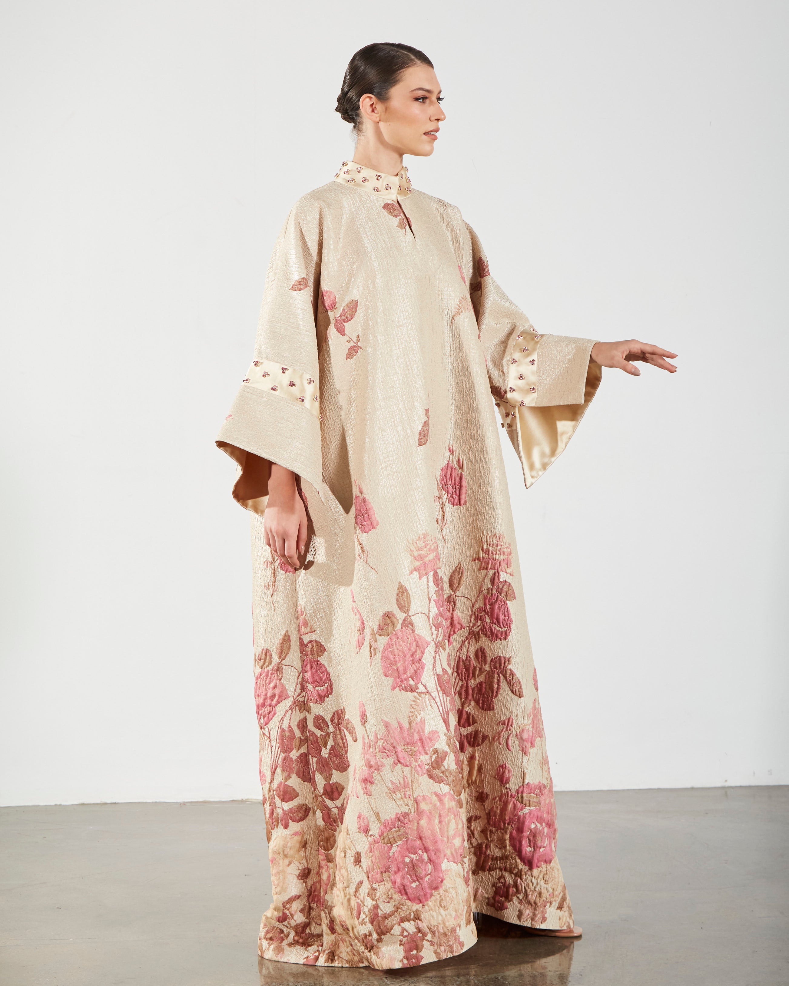 Brocade Embellished Rose Kaftan - Pink