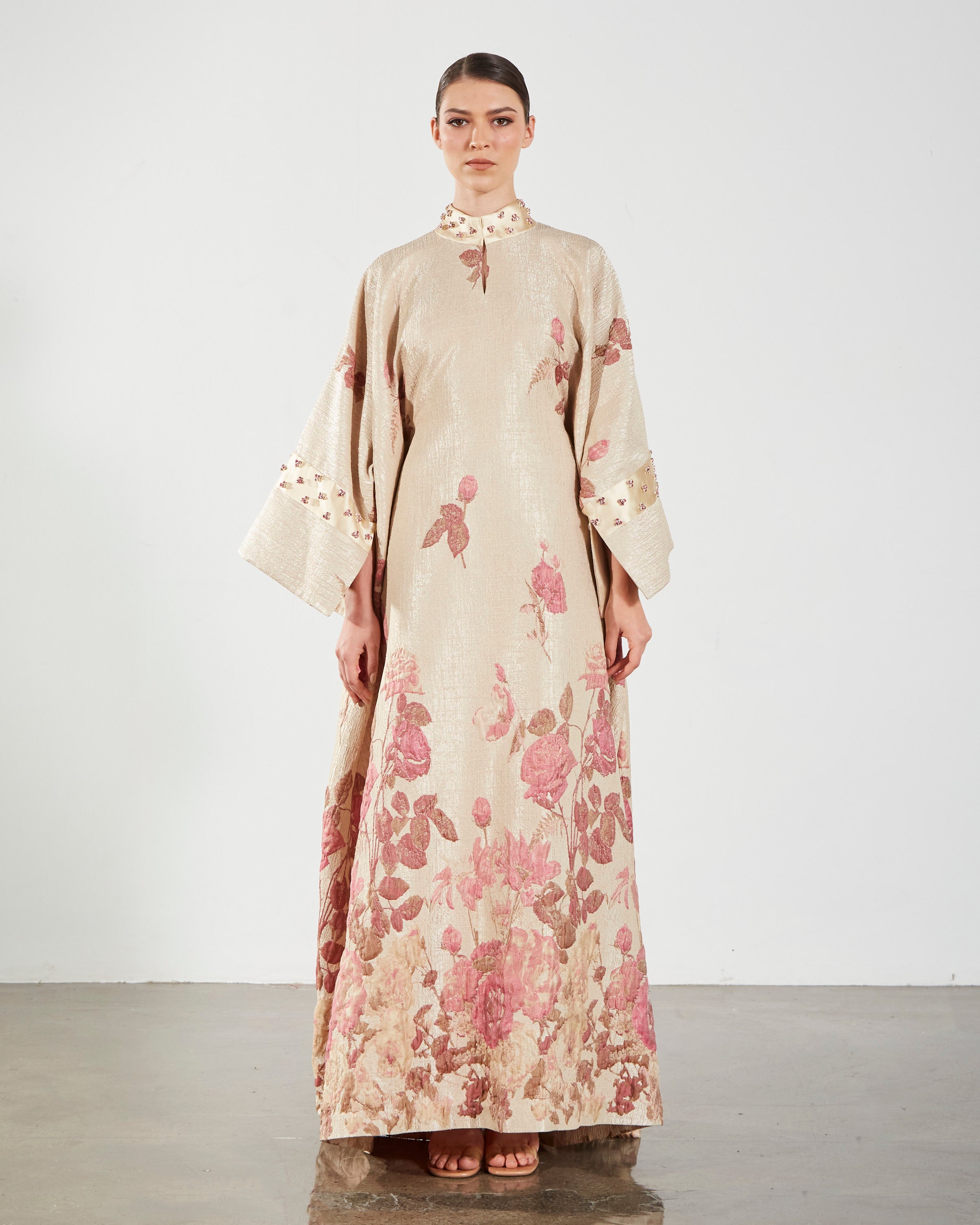 Brocade Embellished Rose Kaftan - Pink